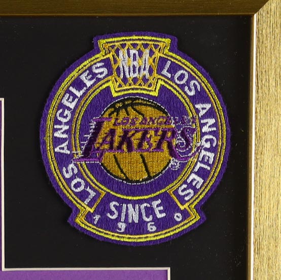 Kobe Bryant Lakers Custom Framed Jersey Display With Set of (4) NBA Championship Pins, (2) Cloth Team Logo Patches & (2) Photos at PristineAuction.com Kobe Bryant Lakers Custom Framed Jersey Display With Set of (4) NBA Championship Pins, (2) Cloth Team Logo Patches & (2) Photos at PristineAuction.com