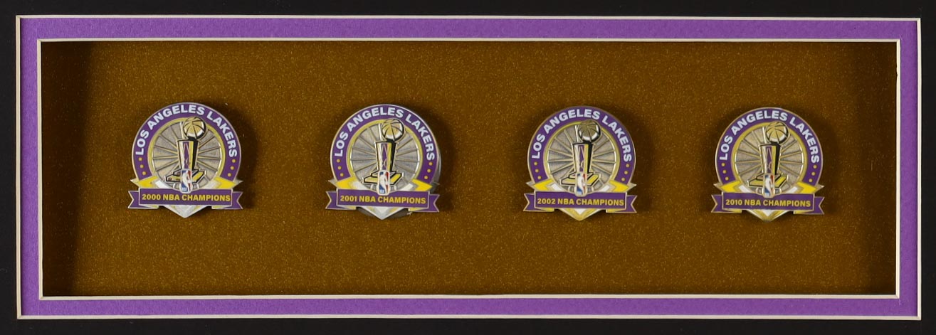 Kobe Bryant Lakers Custom Framed Jersey Display With Set of (4) NBA Championship Pins, (2) Cloth Team Logo Patches & (2) Photos at PristineAuction.com Kobe Bryant Lakers Custom Framed Jersey Display With Set of (4) NBA Championship Pins, (2) Cloth Team Logo Patches & (2) Photos at PristineAuction.com
