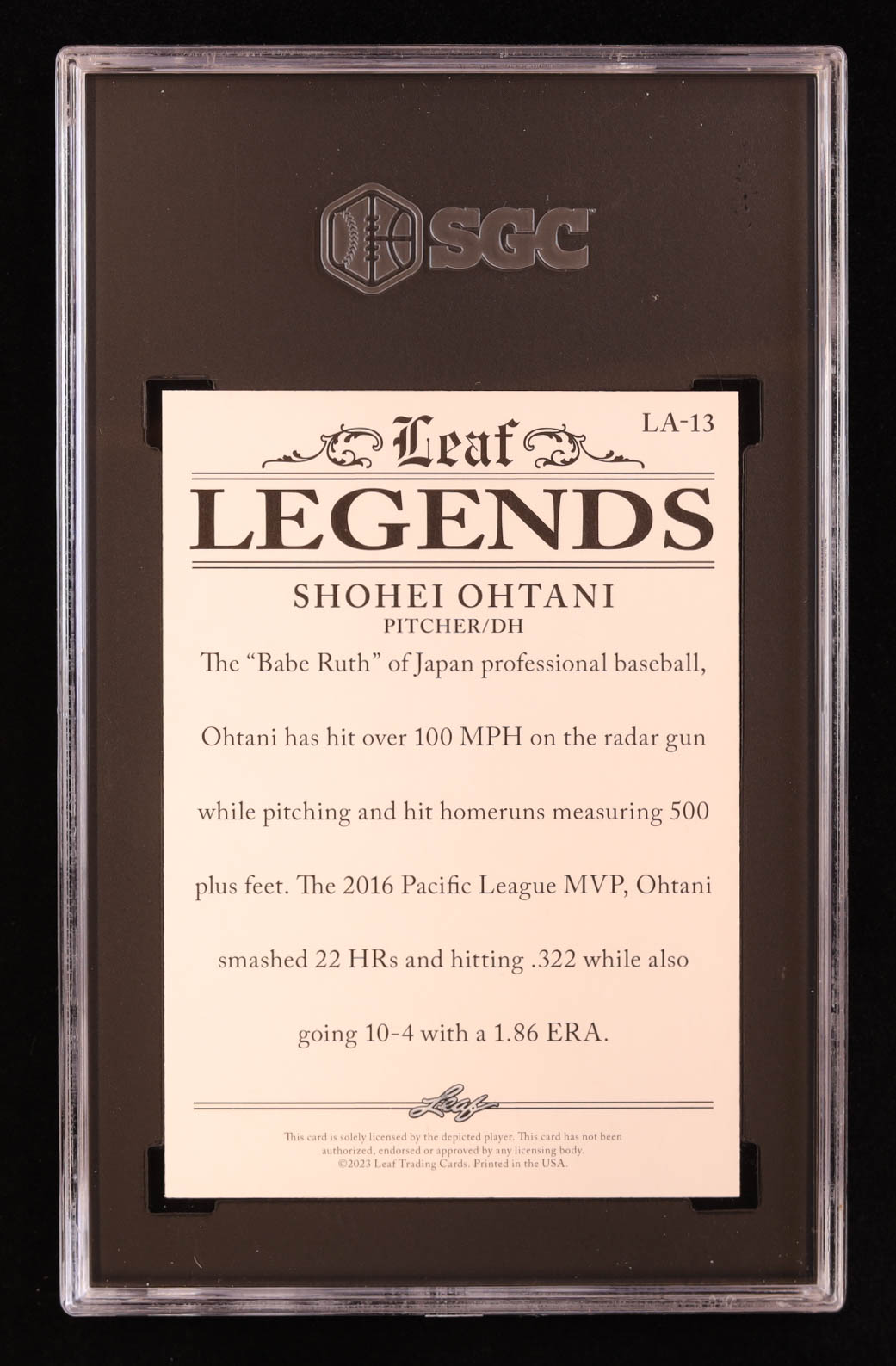 Shohei Ohtani 2023 Leaf Special Release Legends Achievement Gold #LA13 #15/25 (SGC 10) at PristineAuction.com Shohei Ohtani 2023 Leaf Special Release Legends Achievement Gold #LA13 #15/25 (SGC 10) at PristineAuction.com