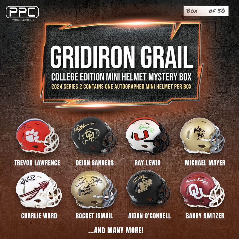 Press Pass Collectibles 2024 Gridiron Grail NCAA Mini Helmet Mystery Box – Series 2 (Limited to 50) at PristineAuction.com Press Pass Collectibles 2024 Gridiron Grail NCAA Mini Helmet Mystery Box – Series 2 (Limited to 50) at PristineAuction.com