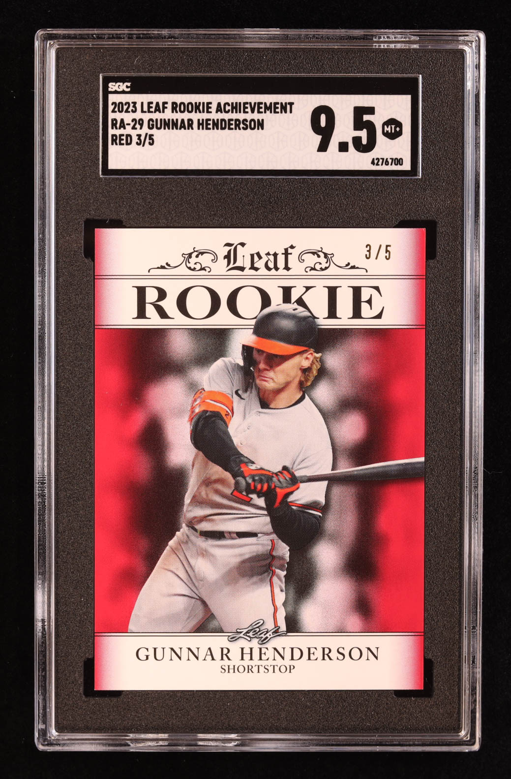 Gunnar Henderson 2023 Leaf Special Release Rookie Achievement Red #RA29 RC #3/5 (SGC 9.5) at PristineAuction.com Gunnar Henderson 2023 Leaf Special Release Rookie Achievement Red #RA29 RC #3/5 (SGC 9.5) at PristineAuction.com