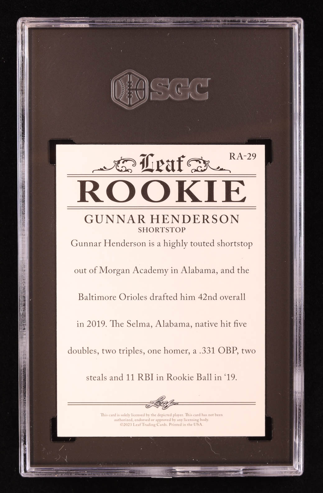 Gunnar Henderson 2023 Leaf Special Release Rookie Achievement Red #RA29 RC #3/5 (SGC 9.5) at PristineAuction.com Gunnar Henderson 2023 Leaf Special Release Rookie Achievement Red #RA29 RC #3/5 (SGC 9.5) at PristineAuction.com