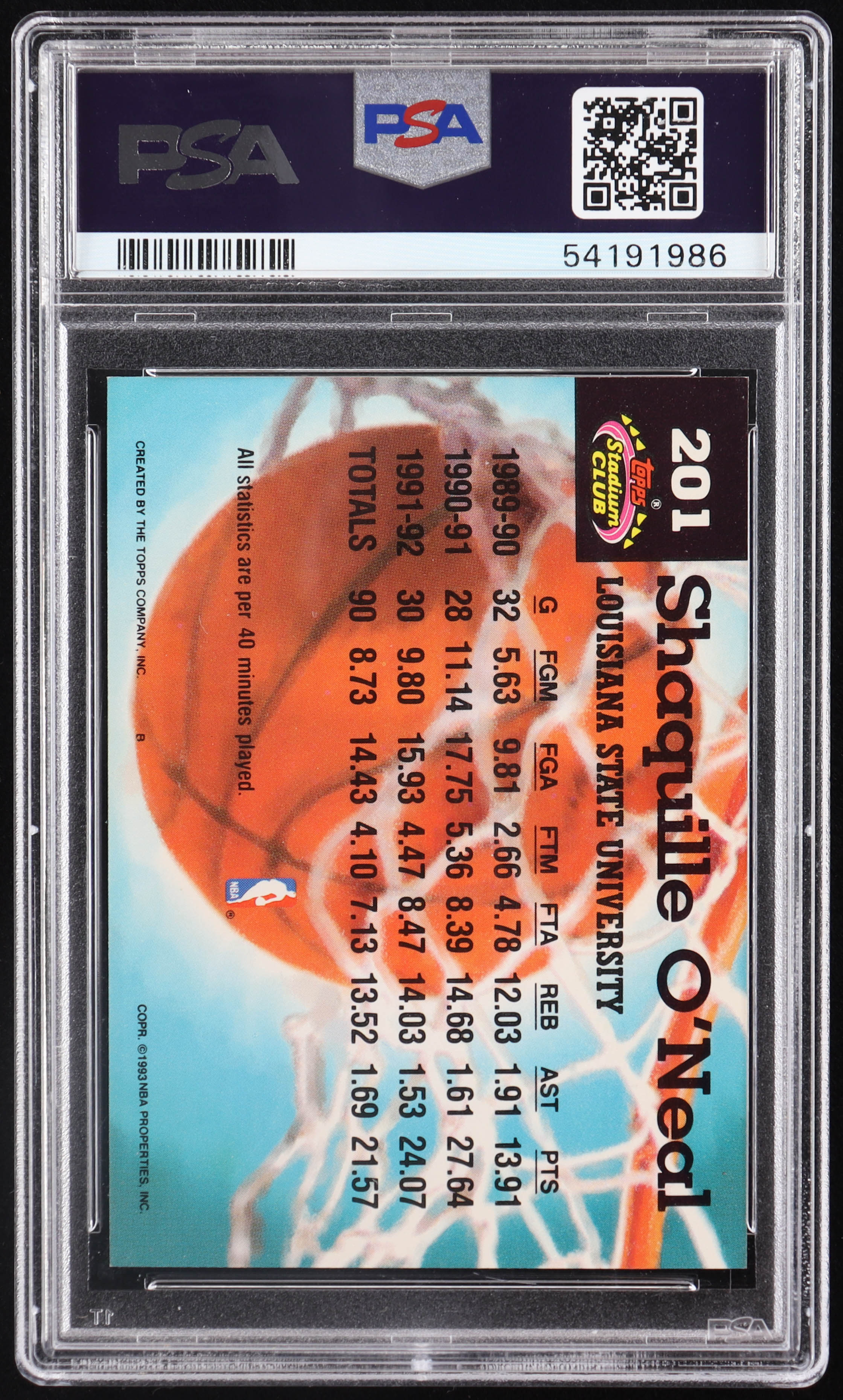 Shaquille O'Neal 1992-93 Stadium Club #201 MC RC (PSA 9) at PristineAuction.com Shaquille O'Neal 1992-93 Stadium Club #201 MC RC (PSA 9) at PristineAuction.com