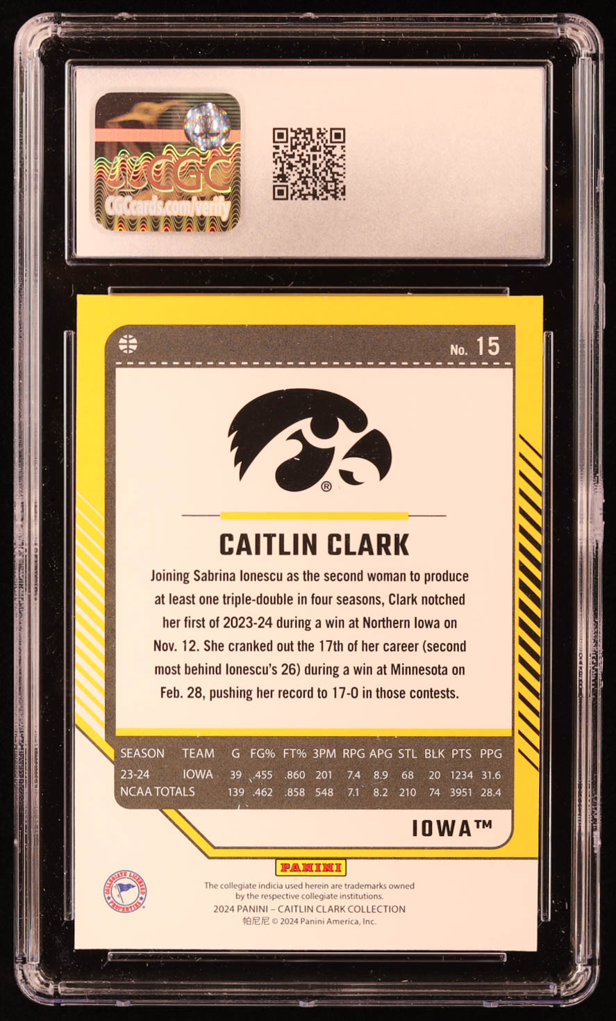 Caitlin Clark 2024 Panini Caitlin Clark Collection Donruss #15 RC (CGC 10) at PristineAuction.com Caitlin Clark 2024 Panini Caitlin Clark Collection Donruss #15 RC (CGC 10) at PristineAuction.com