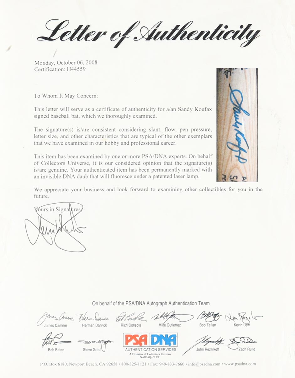 Sandy Koufax Signed Adirondack Personal Model Baseball Bat (PSA) at PristineAuction.com Sandy Koufax Signed Adirondack Personal Model Baseball Bat (PSA) at PristineAuction.com