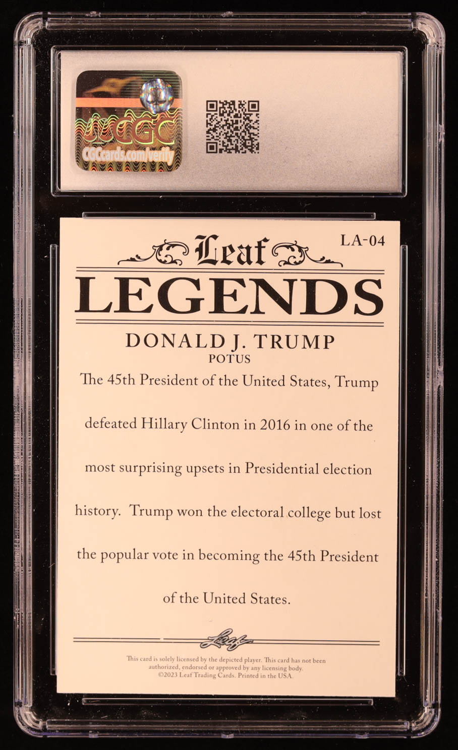 Donald J. Trump 2023 Leaf Legends Achievement #LA04 (CGC 10) at PristineAuction.com Donald J. Trump 2023 Leaf Legends Achievement #LA04 (CGC 10) at PristineAuction.com