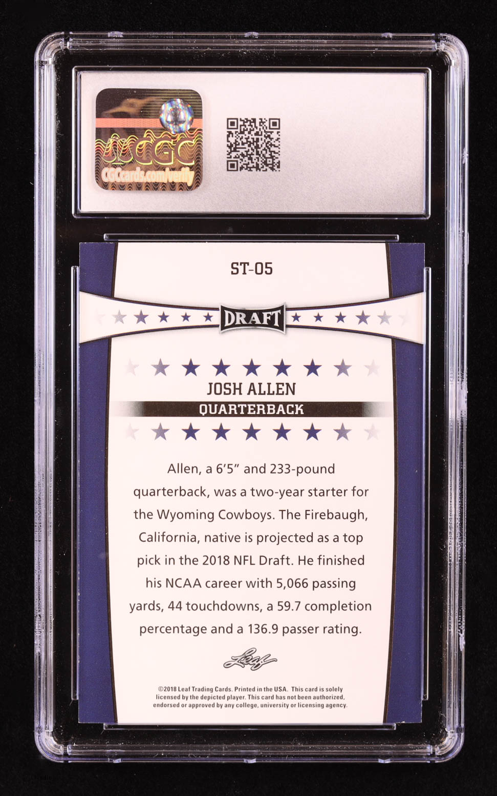 Josh Allen 2018 Leaf Draft Stars #ST05 RC (CGC 10) at PristineAuction.com Josh Allen 2018 Leaf Draft Stars #ST05 RC (CGC 10) at PristineAuction.com