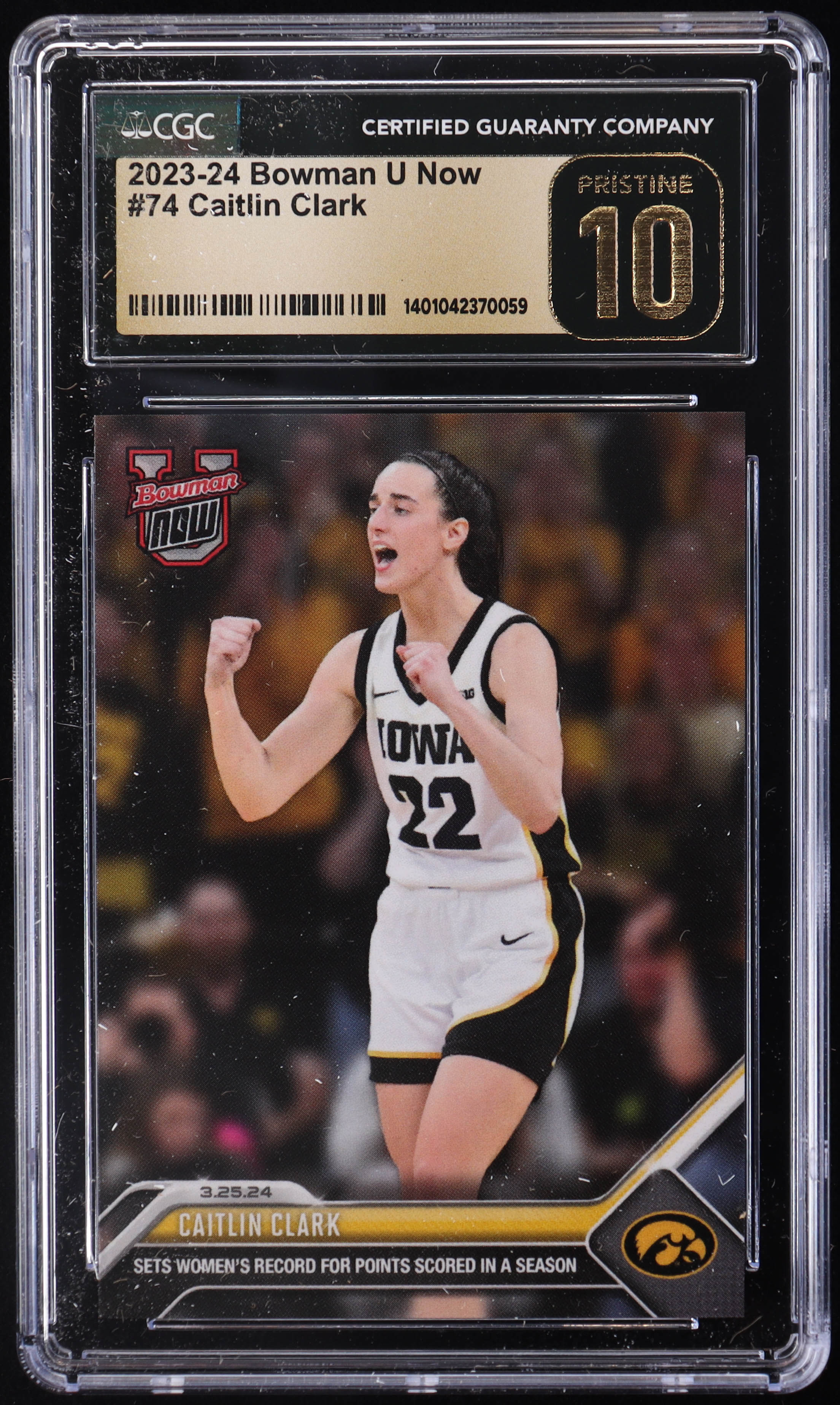 Caitlin Clark 2023-24 Bowman University Now #74 RC (CGC 10 | Pristine Black Label) at PristineAuction.com Caitlin Clark 2023-24 Bowman University Now #74 RC (CGC 10 | Pristine Black Label) at PristineAuction.com