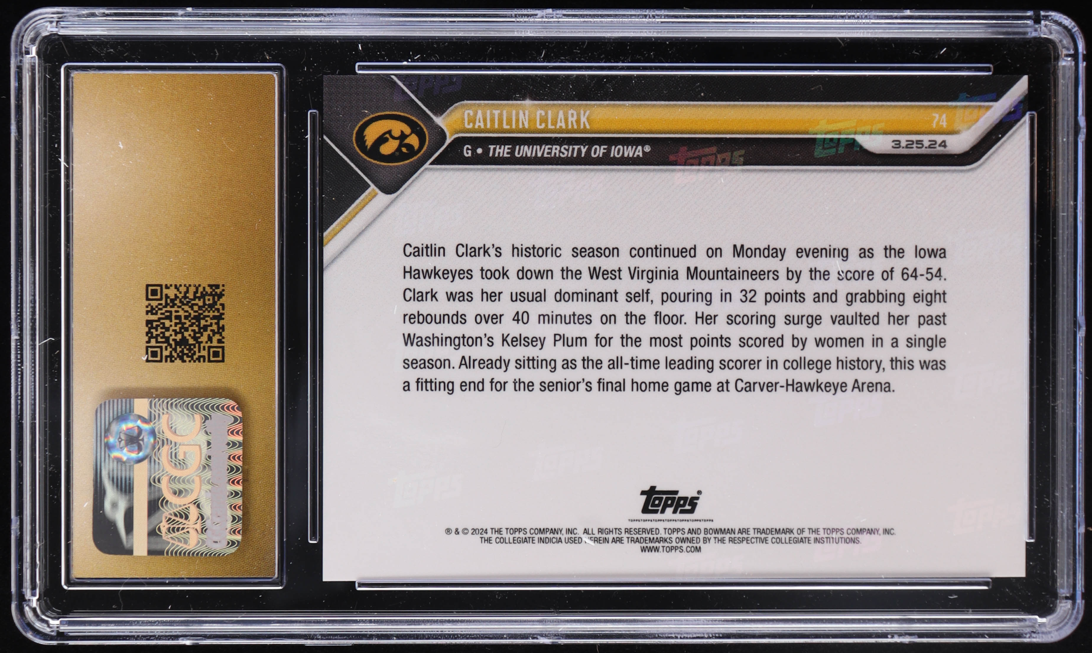 Caitlin Clark 2023-24 Bowman University Now #74 RC (CGC 10 | Pristine Black Label) at PristineAuction.com Caitlin Clark 2023-24 Bowman University Now #74 RC (CGC 10 | Pristine Black Label) at PristineAuction.com