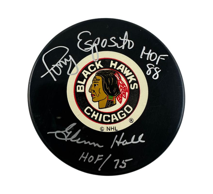 Tony Esposito & Glenn Hall Signed Blackhawks Logo Puck Inscribed "HOF 88" & "HOF 75" (JSA) at PristineAuction.com Tony Esposito & Glenn Hall Signed Blackhawks Logo Puck Inscribed "HOF 88" & "HOF 75" (JSA) at PristineAuction.com