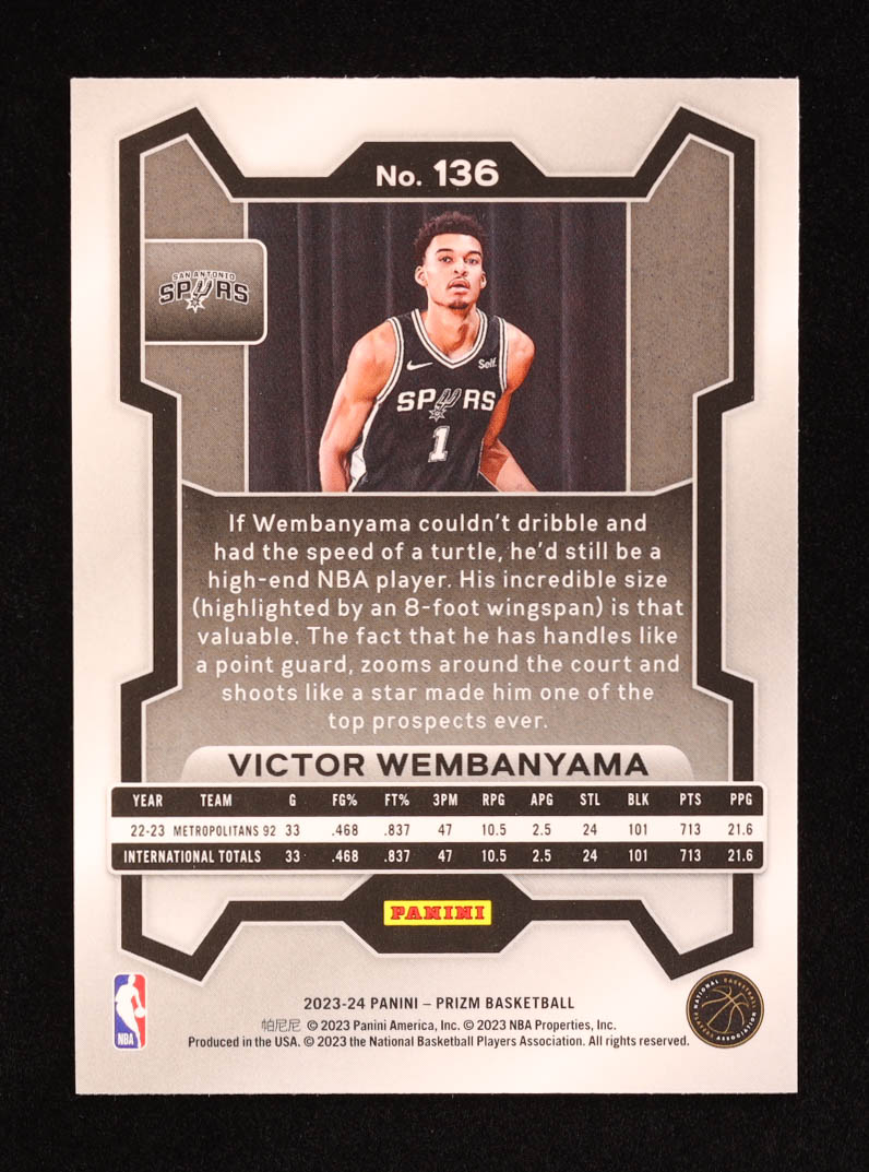 Victor Wembanyama 2023-24 Panini Prizm #136 RC at PristineAuction.com Victor Wembanyama 2023-24 Panini Prizm #136 RC at PristineAuction.com