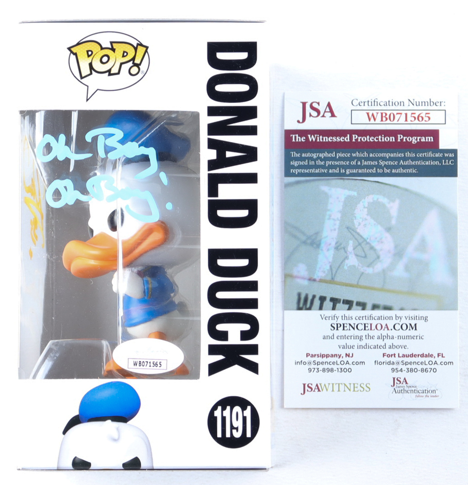 Daniel Ross Signed "Mickey And Friends" #1191 Donald Duck Funko Pop! Vinyl Figure Inscribed "Donald Duck" & "Oh Boy Oh Boy!" (JSA) at PristineAuction.com Daniel Ross Signed "Mickey And Friends" #1191 Donald Duck Funko Pop! Vinyl Figure Inscribed "Donald Duck" & "Oh Boy Oh Boy!" (JSA) at PristineAuction.com