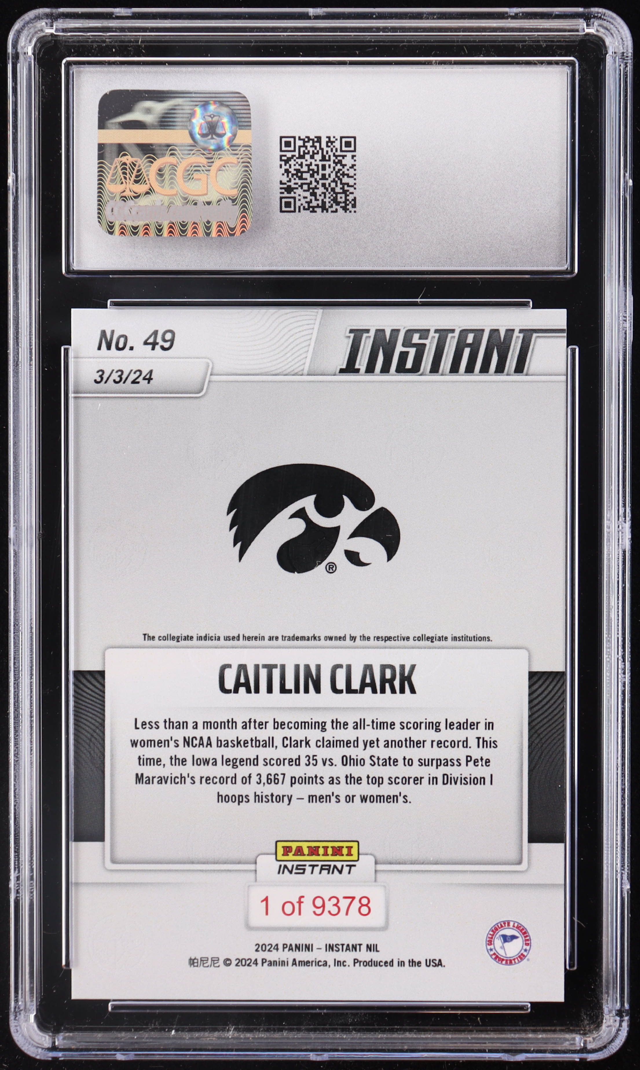 Caitlin Clark 2024 Panini Instant #49 RC (CGC 10) at PristineAuction.com Caitlin Clark 2024 Panini Instant #49 RC (CGC 10) at PristineAuction.com