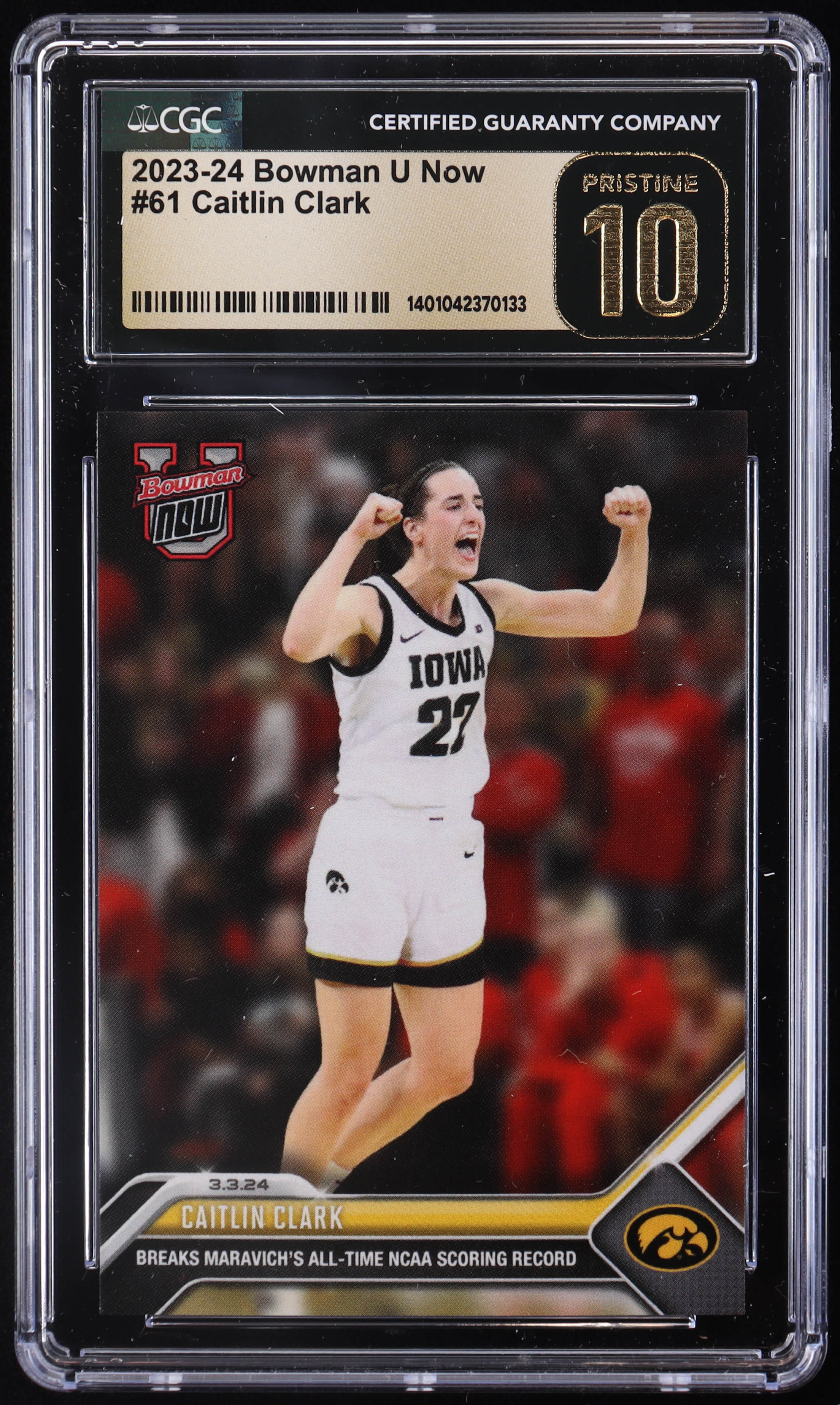 Caitlin Clark 2023-24 Bowman University Now #61 RC (CGC 10 | Pristine Black Label) at PristineAuction.com Caitlin Clark 2023-24 Bowman University Now #61 RC (CGC 10 | Pristine Black Label) at PristineAuction.com