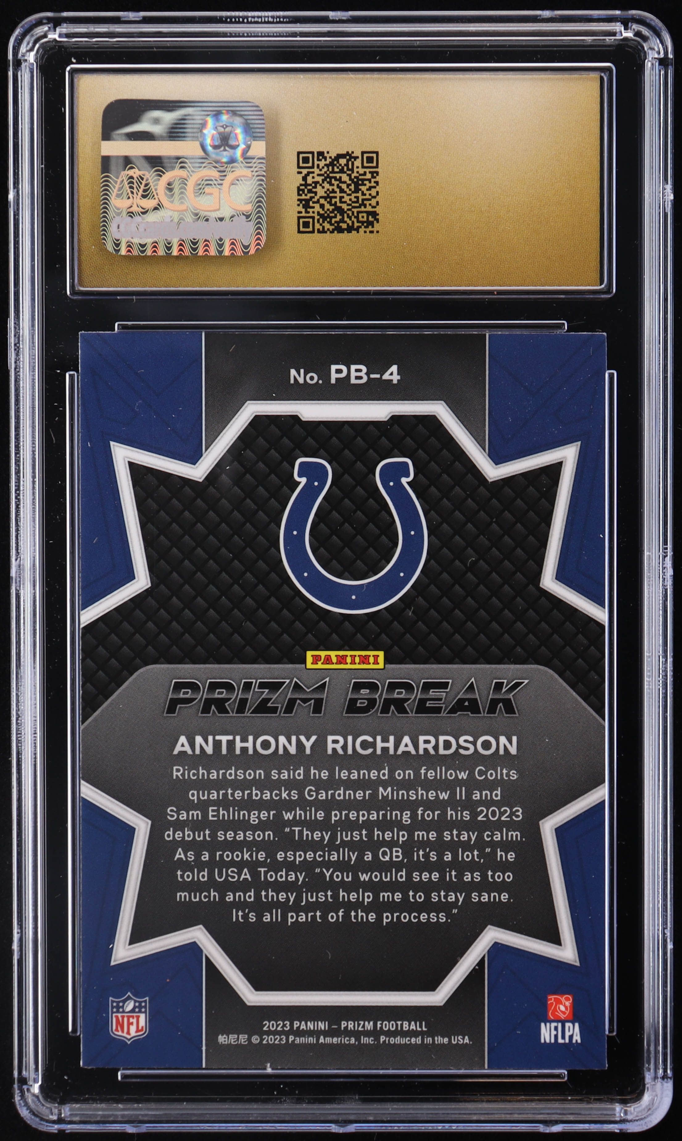 Anthony Richardson 2023 Panini Prizm Prizm Break #4 RC (CGC 10 | Pristine Black Label) at PristineAuction.com Anthony Richardson 2023 Panini Prizm Prizm Break #4 RC (CGC 10 | Pristine Black Label) at PristineAuction.com
