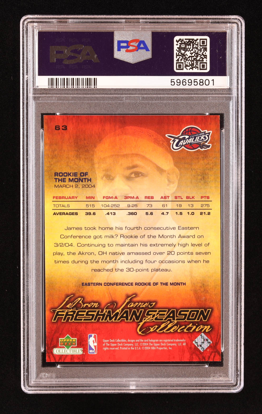 LeBron James 2004 Upper Deck LeBron James Freshman Season #63 (PSA 9) at PristineAuction.com LeBron James 2004 Upper Deck LeBron James Freshman Season #63 (PSA 9) at PristineAuction.com