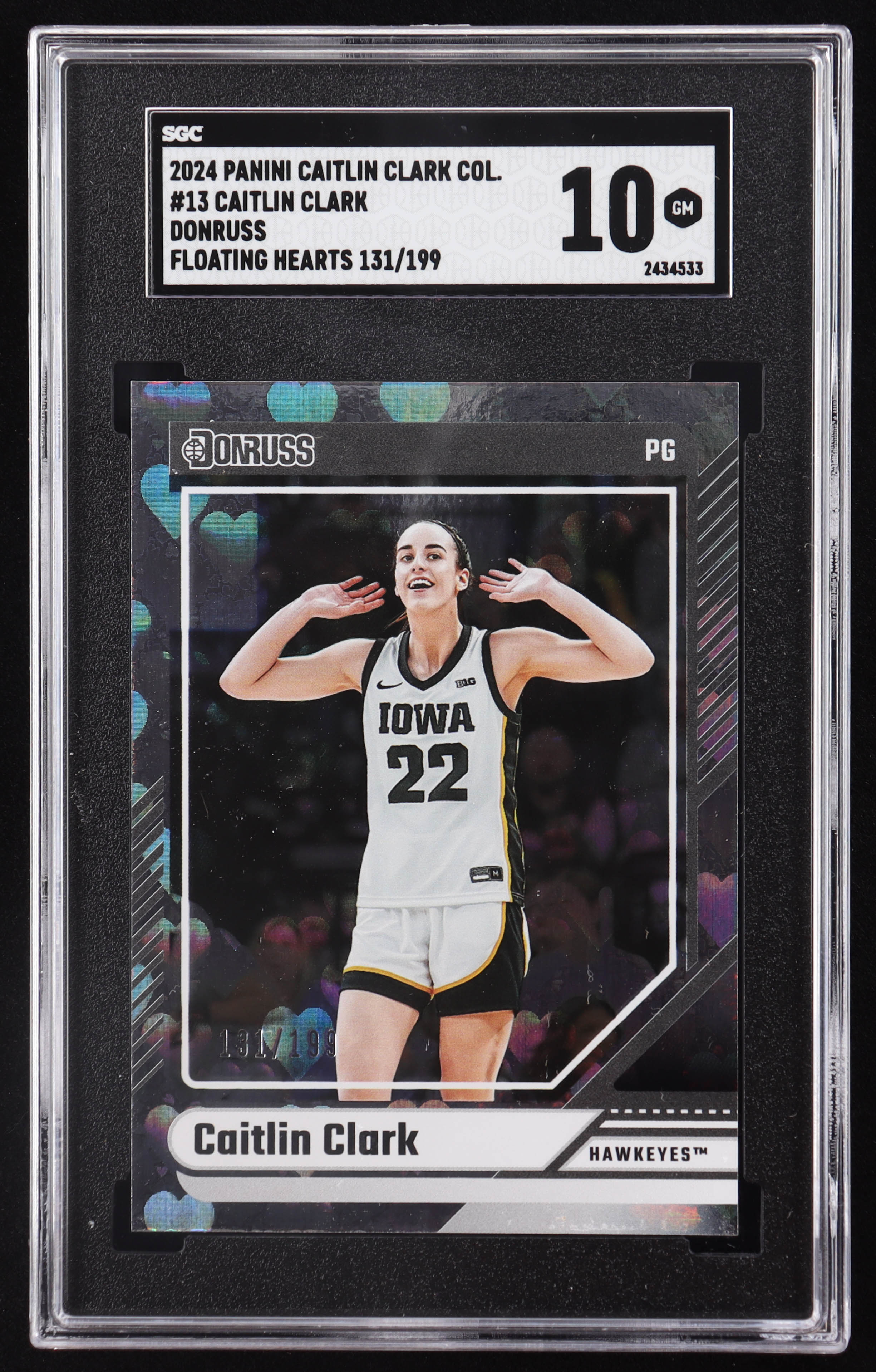 Caitlin Clark 2024 Panini Caitlin Clark Collection Donruss Floating Hearts #13 RC #131/199 (CGC 10) at PristineAuction.com Caitlin Clark 2024 Panini Caitlin Clark Collection Donruss Floating Hearts #13 RC #131/199 (CGC 10) at PristineAuction.com