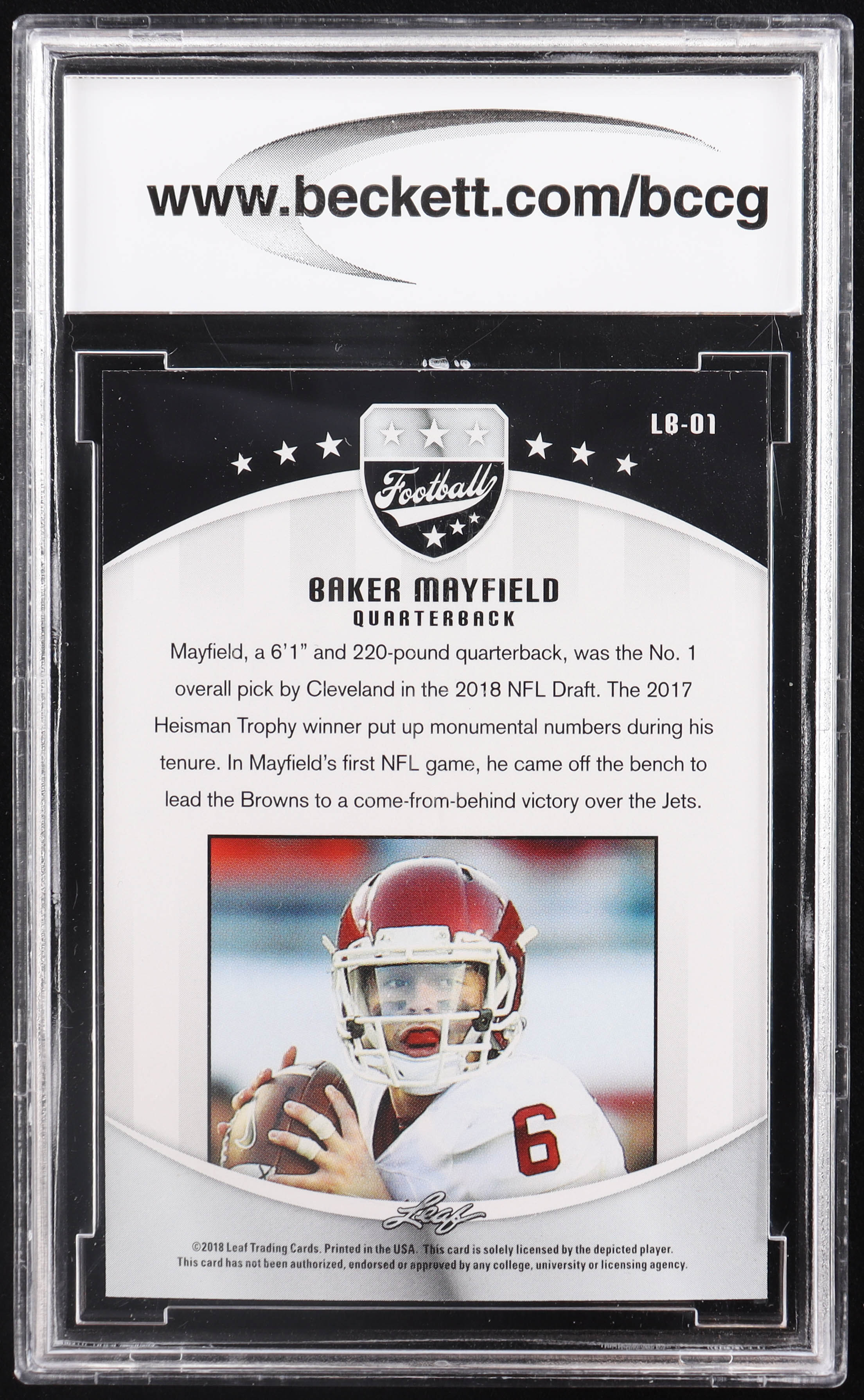 Baker Mayfield 2018 Leaf Rookie Star #01 RC (BCCG 10) at PristineAuction.com Baker Mayfield 2018 Leaf Rookie Star #01 RC (BCCG 10) at PristineAuction.com