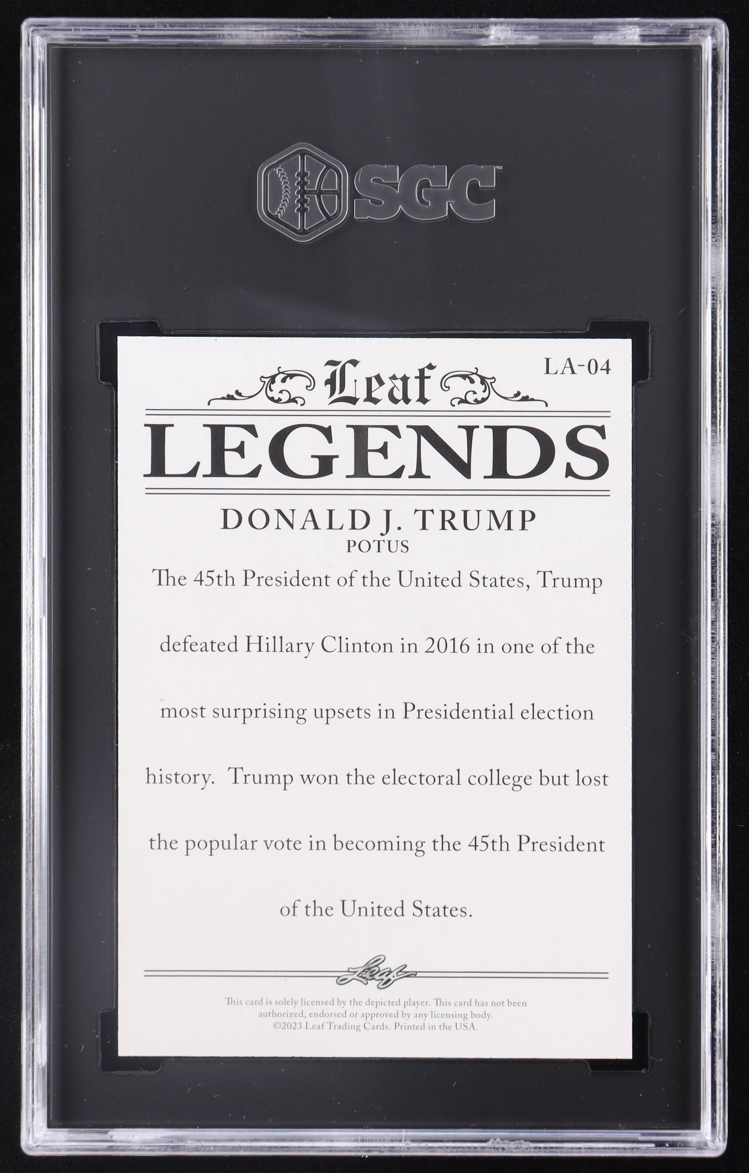 Donald J. Trump 2023 Leaf Special Release Legends Achievement Gold #LA04 #18/25 (SGC 10) at PristineAuction.com Donald J. Trump 2023 Leaf Special Release Legends Achievement Gold #LA04 #18/25 (SGC 10) at PristineAuction.com