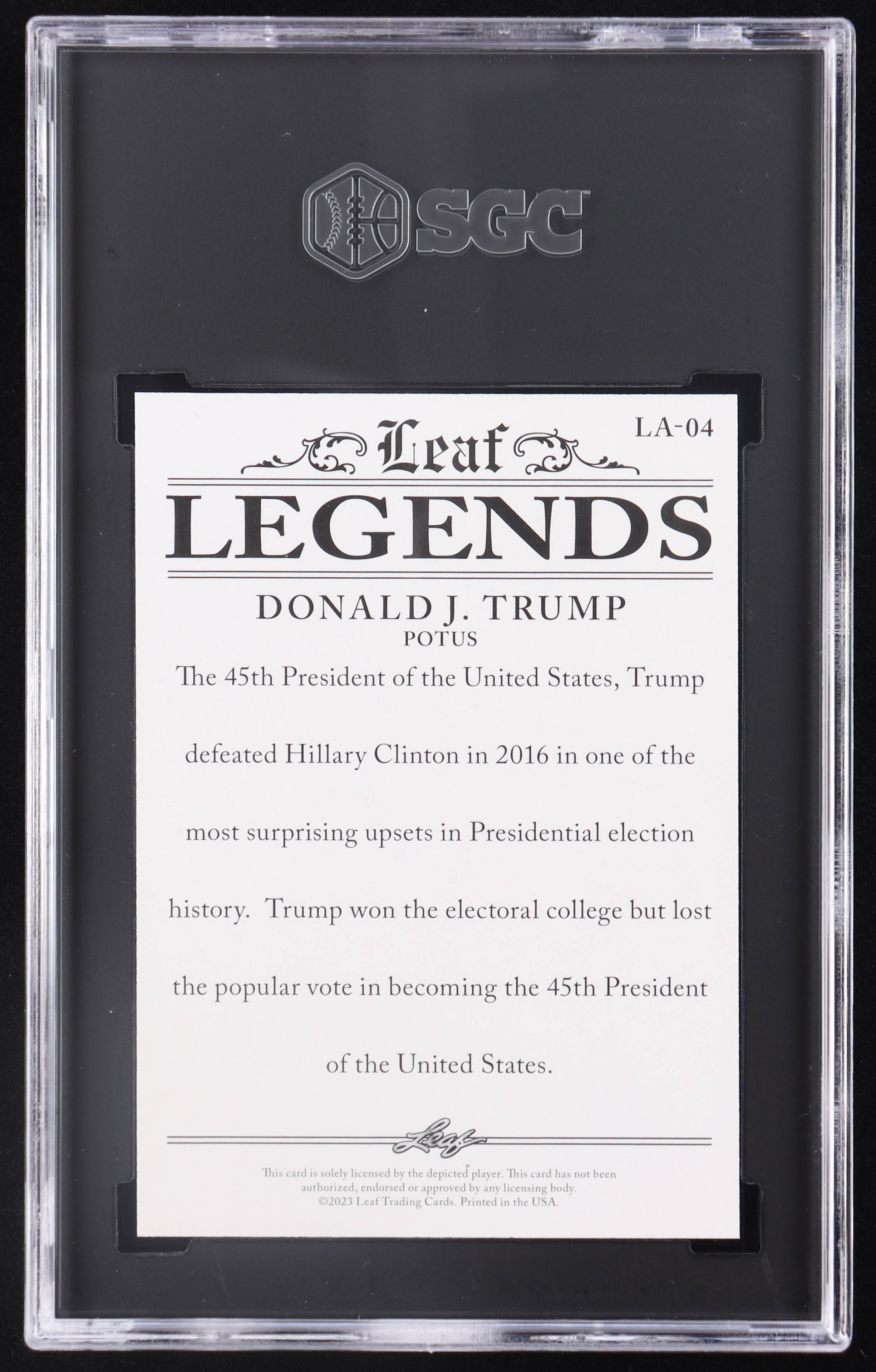 Donald J. Trump 2023 Leaf Special Release Legends Achievement Gold #LA04 #22/25 (SGC 10) at PristineAuction.com Donald J. Trump 2023 Leaf Special Release Legends Achievement Gold #LA04 #22/25 (SGC 10) at PristineAuction.com