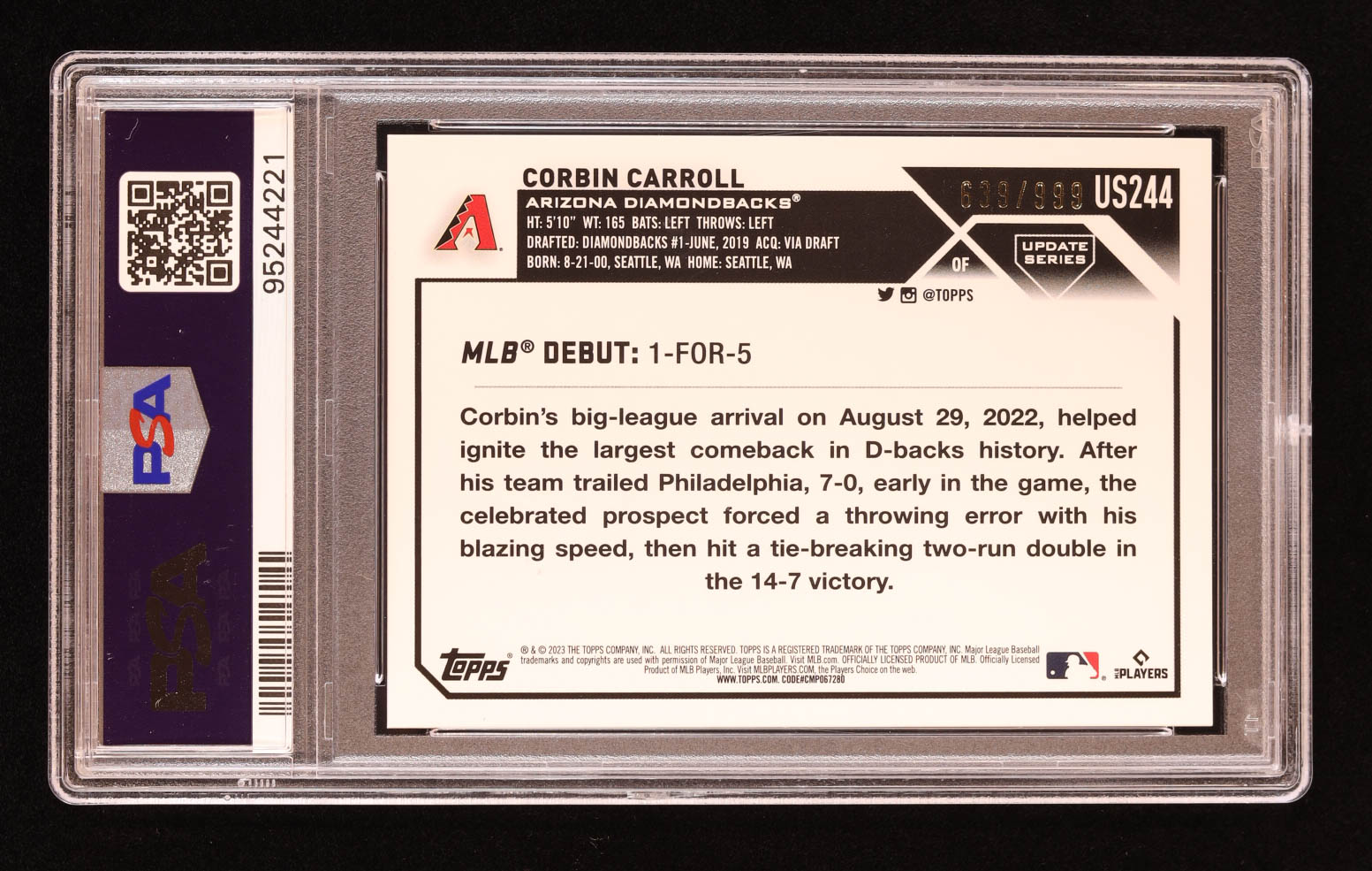 Corbin Carroll 2023 Topps Update Blue Foil #US244 #639/999 RC (PSA 10) at PristineAuction.com Corbin Carroll 2023 Topps Update Blue Foil #US244 #639/999 RC (PSA 10) at PristineAuction.com