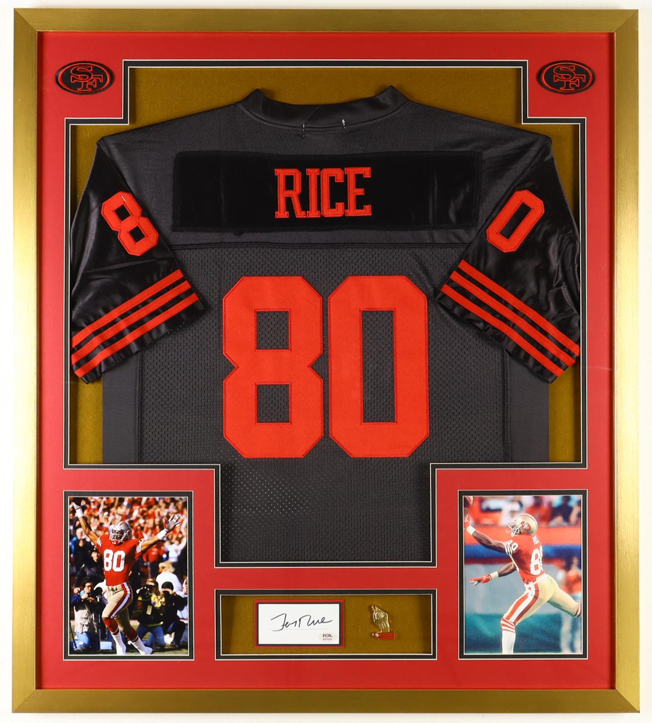 Jerry Rice Signed Custom Framed Cut Display With Jersey, Player Retirement Pin & (2) Team Cloth Logo Patches (PSA) at PristineAuction.com Jerry Rice Signed Custom Framed Cut Display With Jersey, Player Retirement Pin & (2) Team Cloth Logo Patches (PSA) at PristineAuction.com