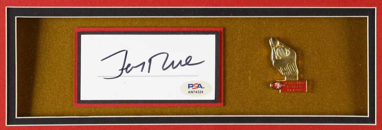 Jerry Rice Signed Custom Framed Cut Display With Jersey, Player Retirement Pin & (2) Team Cloth Logo Patches (PSA) at PristineAuction.com Jerry Rice Signed Custom Framed Cut Display With Jersey, Player Retirement Pin & (2) Team Cloth Logo Patches (PSA) at PristineAuction.com