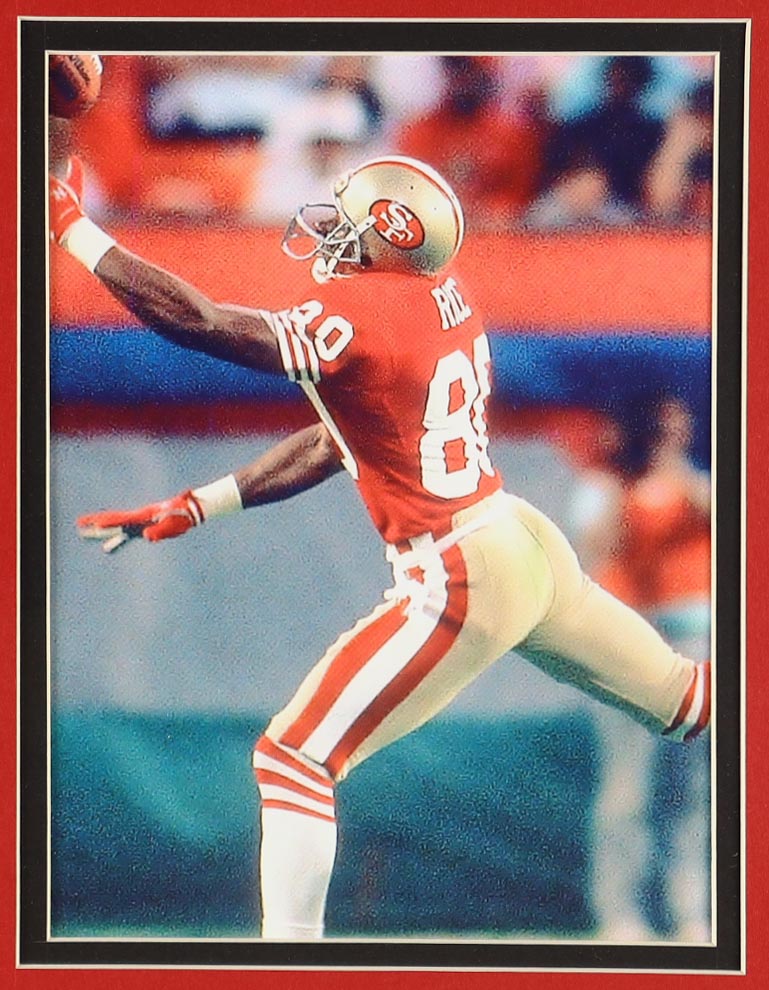 Jerry Rice Signed Custom Framed Cut Display With Jersey, Player Retirement Pin & (2) Team Cloth Logo Patches (PSA) at PristineAuction.com Jerry Rice Signed Custom Framed Cut Display With Jersey, Player Retirement Pin & (2) Team Cloth Logo Patches (PSA) at PristineAuction.com