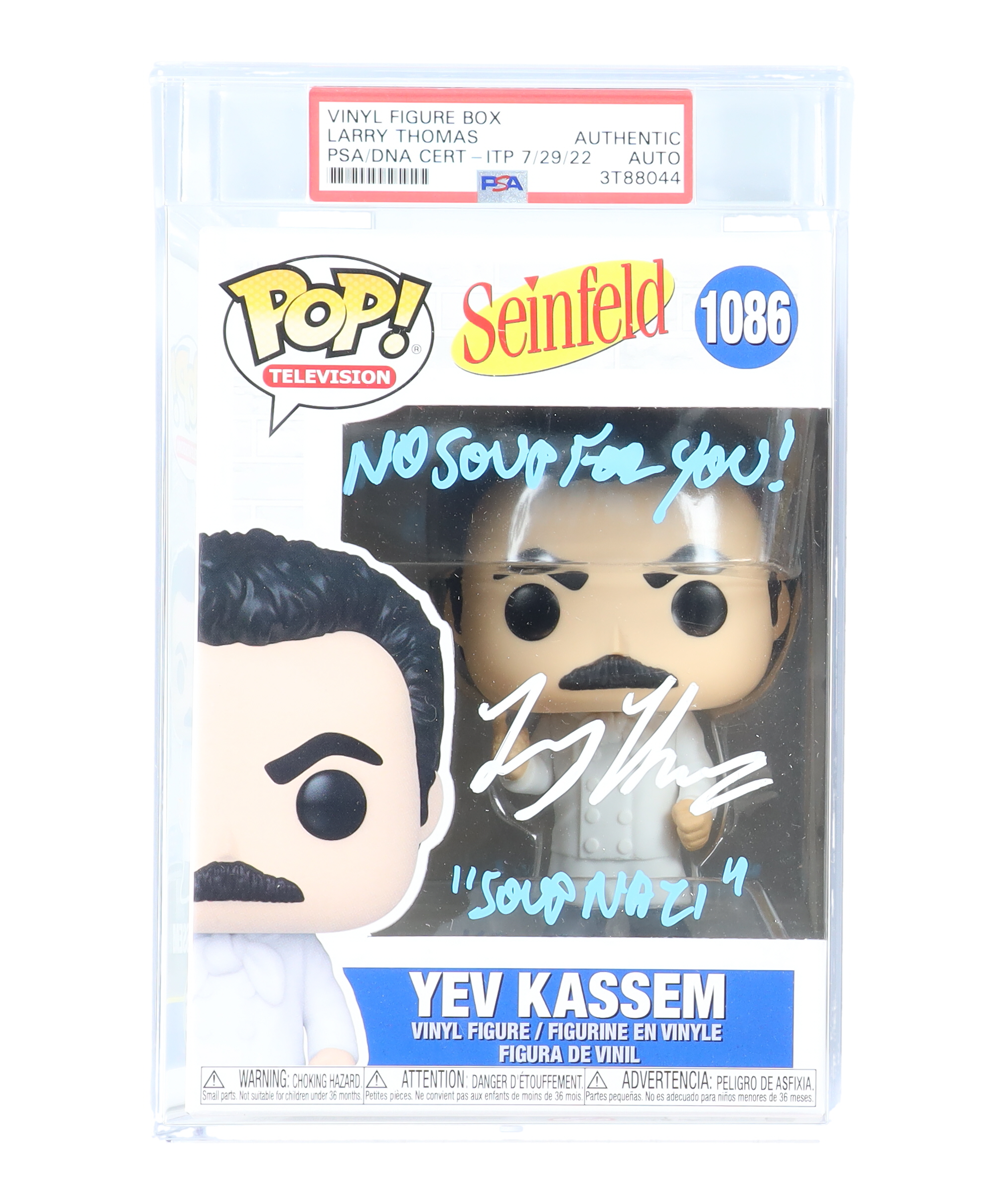 Larry Thomas Signed "Seinfeld" #1086 Yev Kassem Funko Pop! Vinyl Figure Inscribed "'Soup Nazi'" & "No Soup For You!" (PSA) at PristineAuction.com Larry Thomas Signed "Seinfeld" #1086 Yev Kassem Funko Pop! Vinyl Figure Inscribed "'Soup Nazi'" & "No Soup For You!" (PSA) at PristineAuction.com