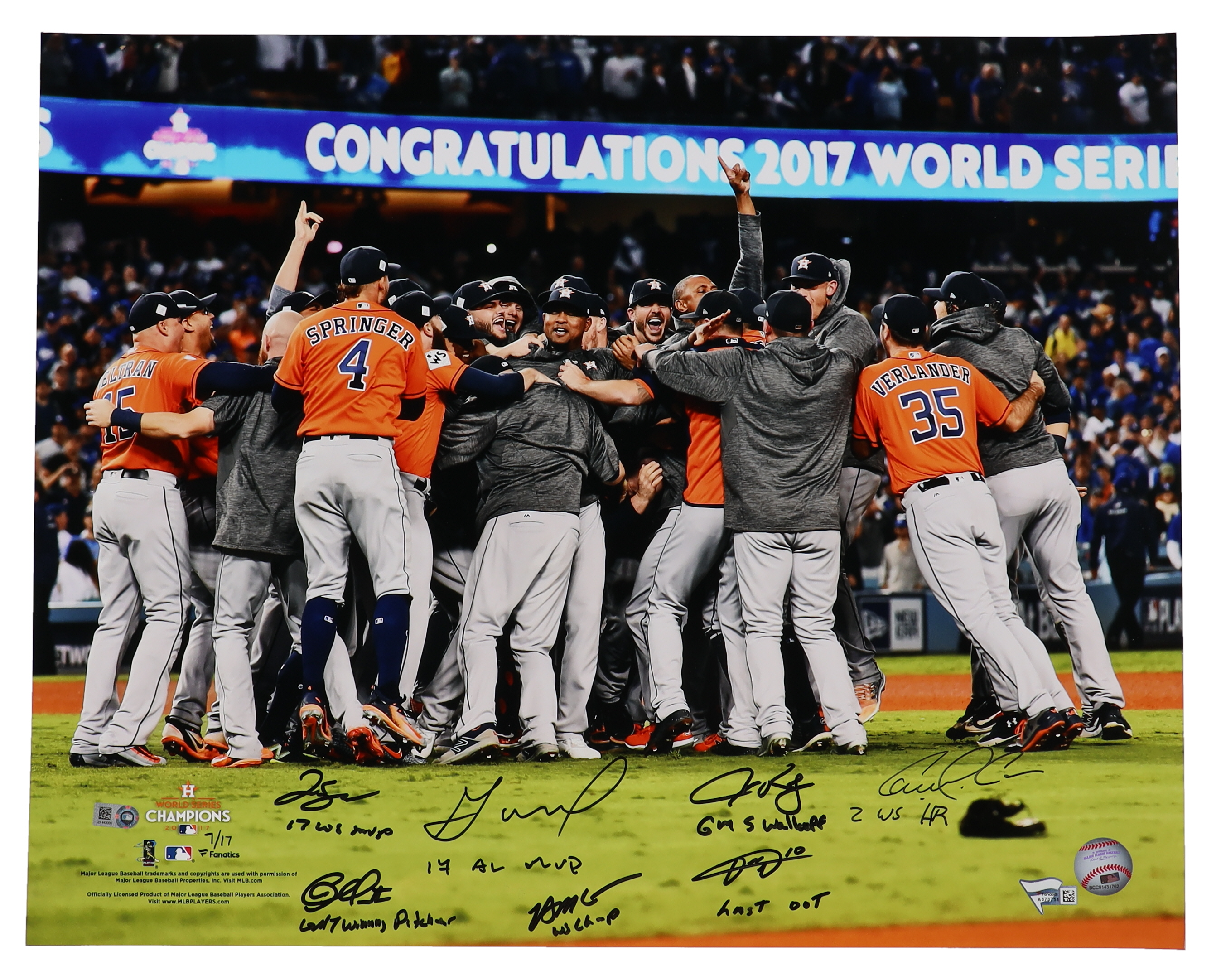 2017 Astros World Series Champions 16x20 Photo Signed & Inscribed By (7) With Jose Altuve, Carlos Correa, George Springer, Alex Bregman (Fanatics & MLB) at PristineAuction.com 2017 Astros World Series Champions 16x20 Photo Signed & Inscribed By (7) With Jose Altuve, Carlos Correa, George Springer, Alex Bregman (Fanatics & MLB) at PristineAuction.com