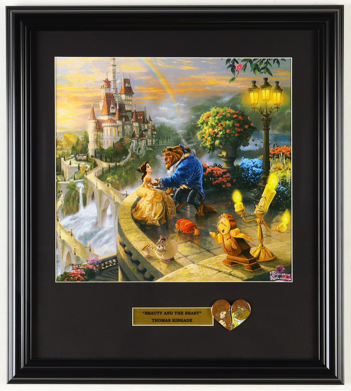 Thomas Kinkade "Beauty and the Beast" Custom Framed Print Display With Belle & Beast Locket Pin at PristineAuction.com Thomas Kinkade "Beauty and the Beast" Custom Framed Print Display With Belle & Beast Locket Pin at PristineAuction.com