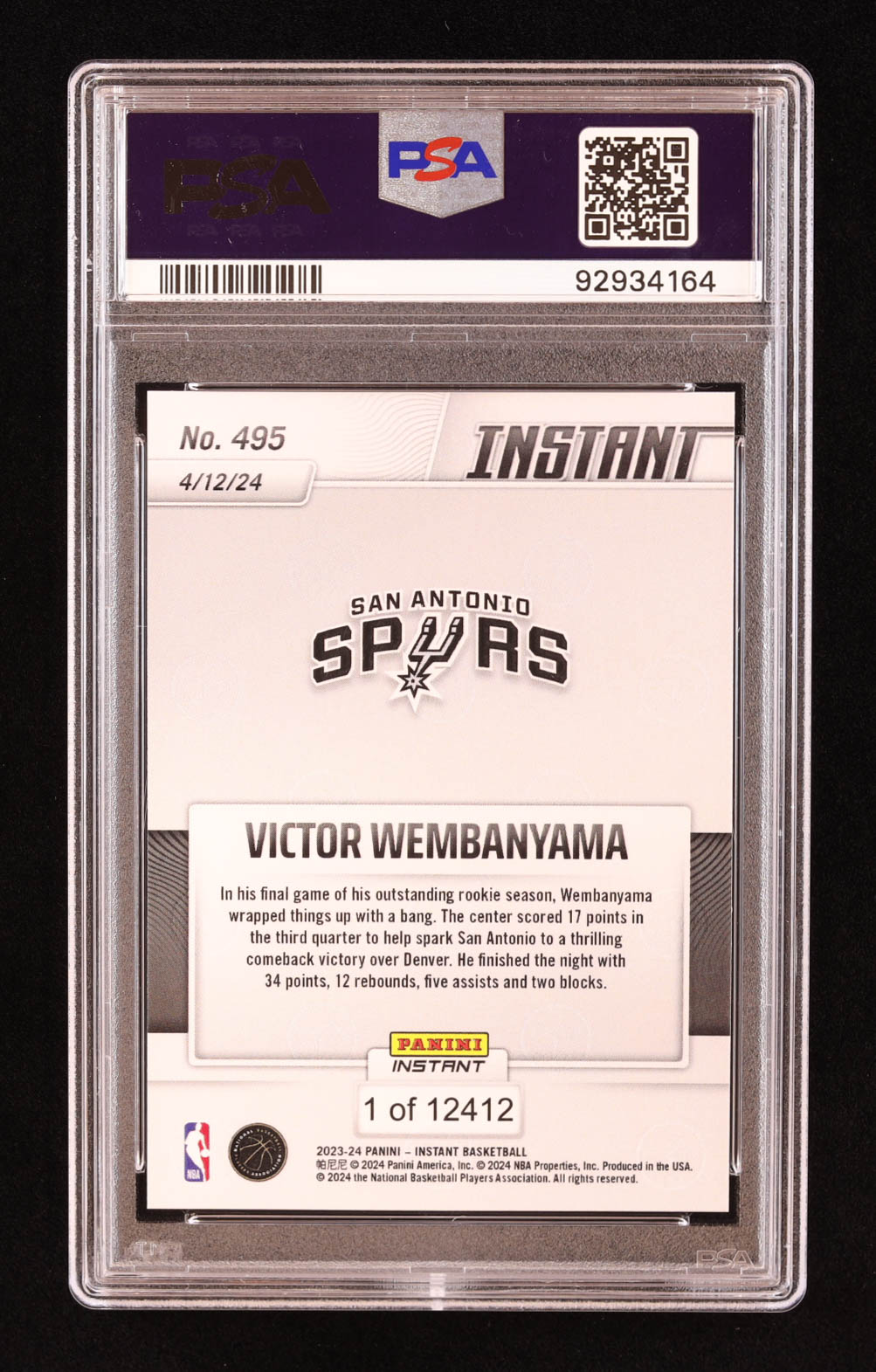 Victor Wembanyama 2023-24 Panini Instant #495 RC (PSA 10) at PristineAuction.com Victor Wembanyama 2023-24 Panini Instant #495 RC (PSA 10) at PristineAuction.com