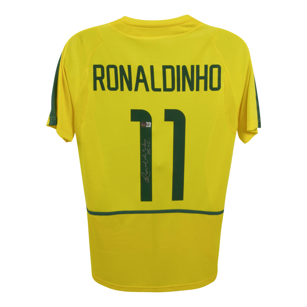 Maillot Brésil moderne signé par Ronaldo de Lima et encadré avec photo