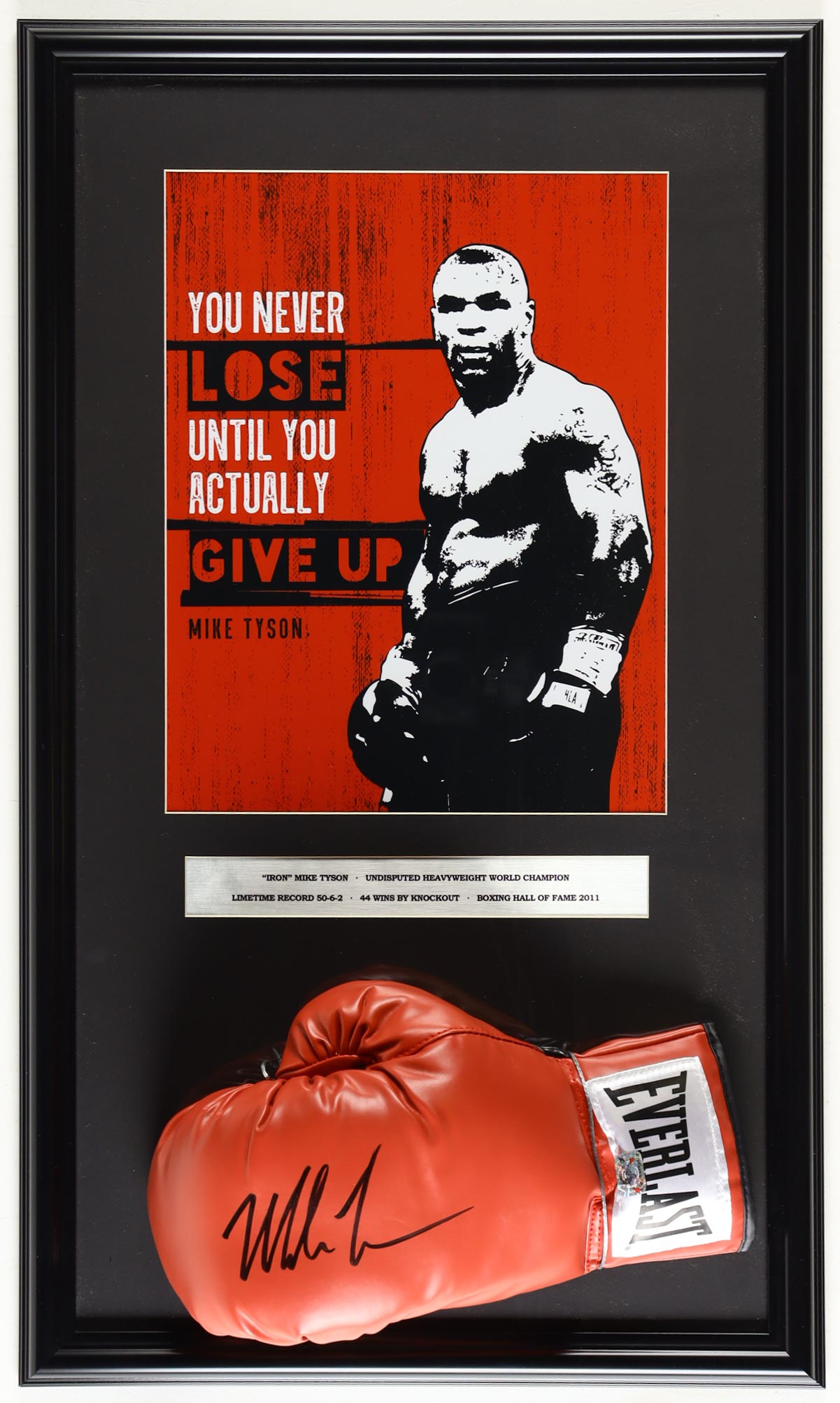 Mike Tyson Signed Custom Framed Everlast Boxing Glove Display with Print (Tyson) at PristineAuction.com Mike Tyson Signed Custom Framed Everlast Boxing Glove Display with Print (Tyson) at PristineAuction.com