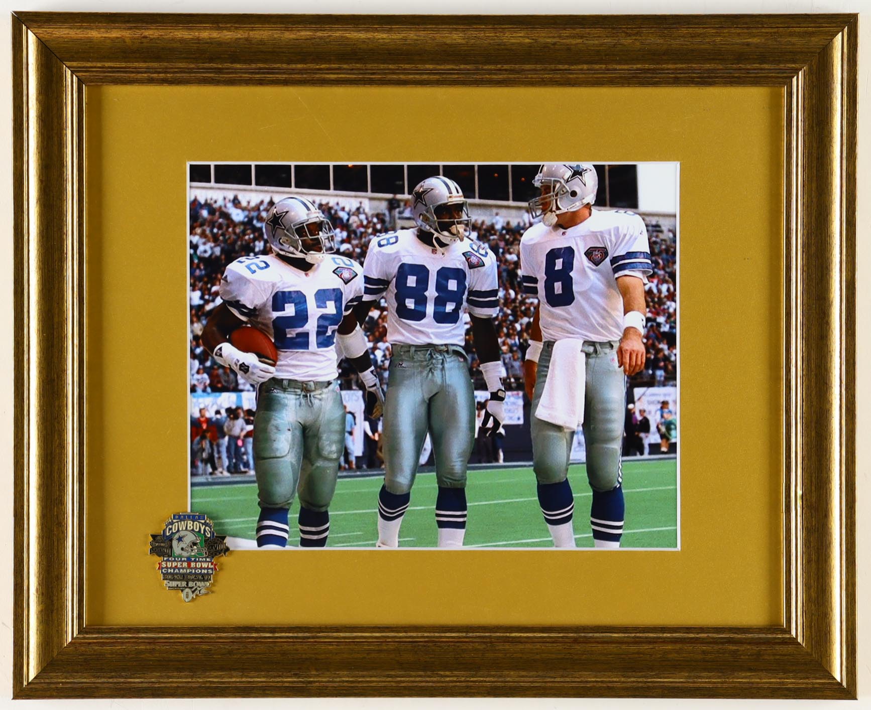 Troy Aikman, Emmitt Smith & Michael Irvin Custom Framed Photo Display with Official Super Bowl XXVII & XXVIII Official Pin at PristineAuction.com Troy Aikman, Emmitt Smith & Michael Irvin Custom Framed Photo Display with Official Super Bowl XXVII & XXVIII Official Pin at PristineAuction.com