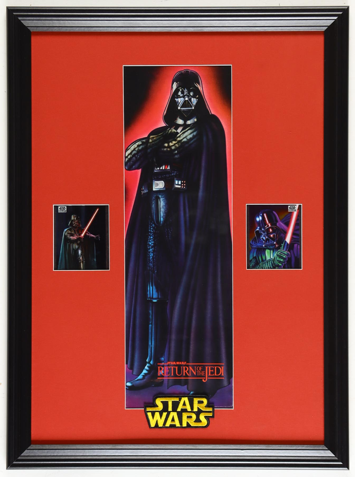 1983 "Star Wars: Return of the Jedi" Custom Framed Print With (2) 2021 Topps Chrome Star Wars Galaxy Darth Vader Trading Cards & Cloth Title Logo Patch at PristineAuction.com 1983 "Star Wars: Return of the Jedi" Custom Framed Print With (2) 2021 Topps Chrome Star Wars Galaxy Darth Vader Trading Cards & Cloth Title Logo Patch at PristineAuction.com