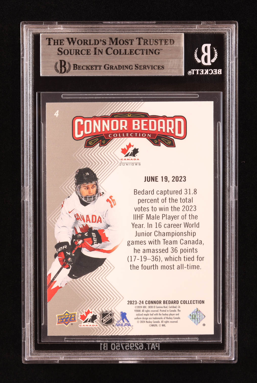 Connor Bedard 2023-24 Upper Deck Connor Bedard Collection #4 HL RC (BGS 8.5) at PristineAuction.com Connor Bedard 2023-24 Upper Deck Connor Bedard Collection #4 HL RC (BGS 8.5) at PristineAuction.com