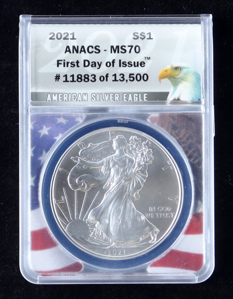 2021 American Silver Eagle - First Day of Issue - #11,883 of 13,500 (ANACS MS70) at PristineAuction.com 2021 American Silver Eagle - First Day of Issue - #11,883 of 13,500 (ANACS MS70) at PristineAuction.com