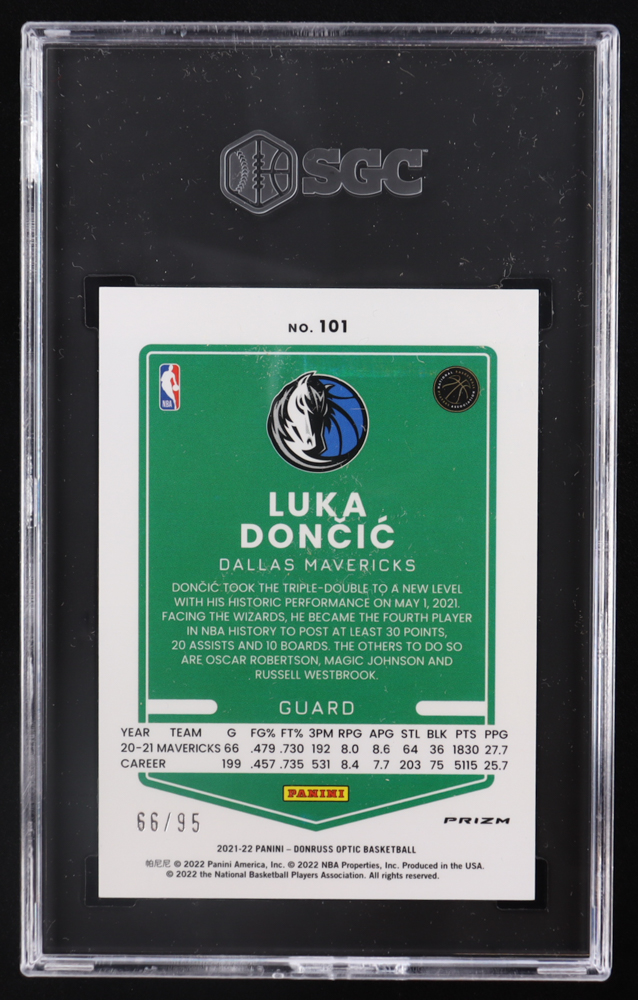 Luka Doncic 2021-22 Donruss Optic Fast Break Purple #101 #66/95 (SGC 10) at PristineAuction.com Luka Doncic 2021-22 Donruss Optic Fast Break Purple #101 #66/95 (SGC 10) at PristineAuction.com