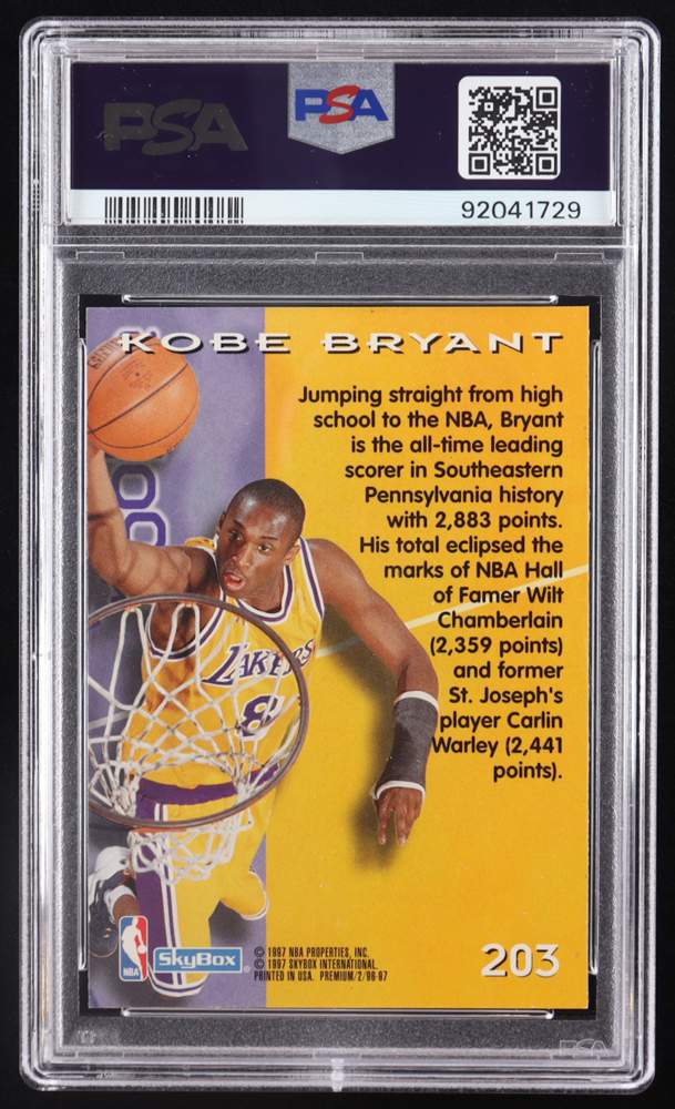 Kobe Bryant 1996-97 SkyBox Premium #203 ROO RC (PSA 9) at PristineAuction.com Kobe Bryant 1996-97 SkyBox Premium #203 ROO RC (PSA 9) at PristineAuction.com