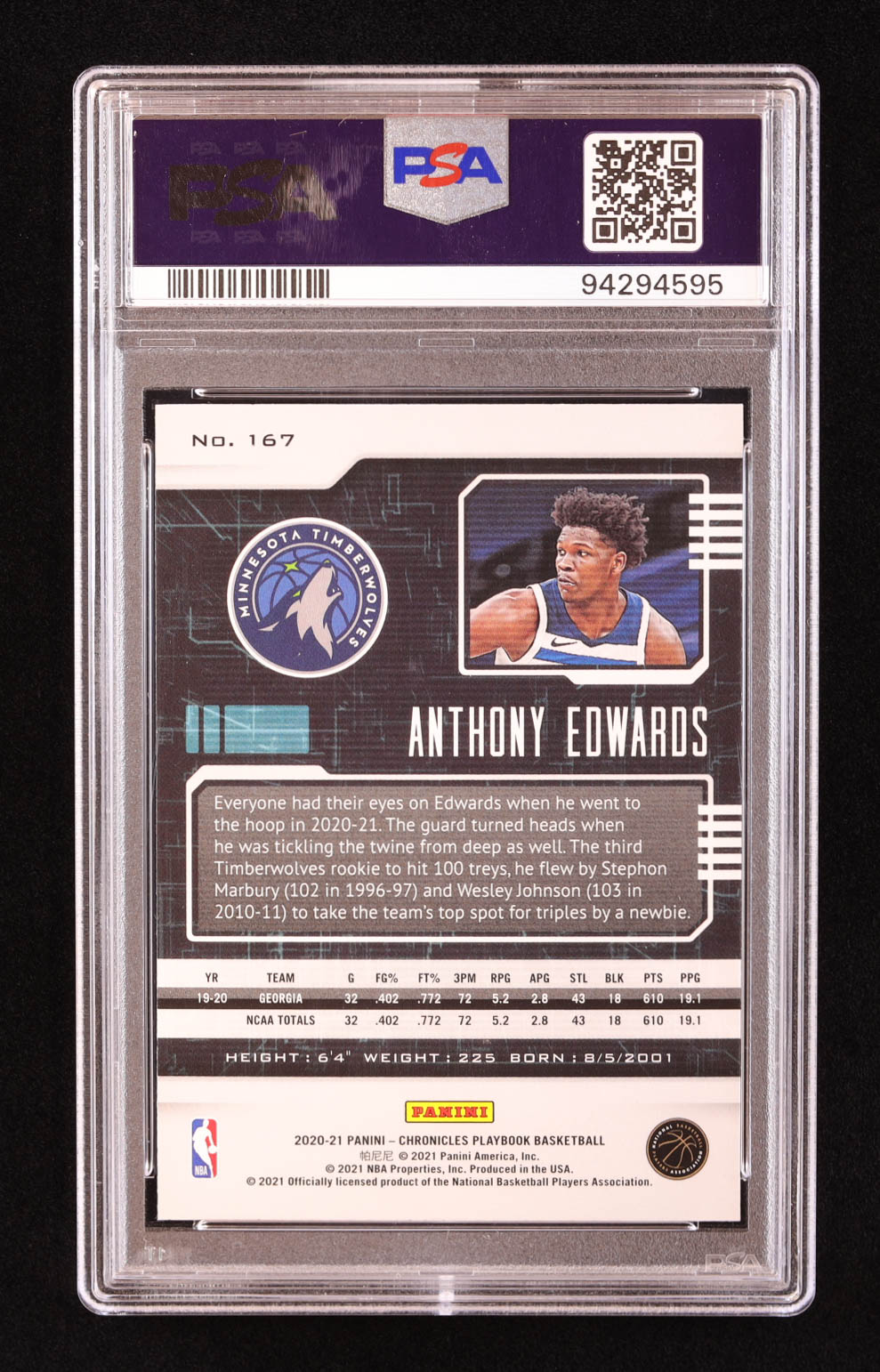 Anthony Edwards 2020-21 Panini Chronicles #167 RC / Playbook (PSA 10) at PristineAuction.com Anthony Edwards 2020-21 Panini Chronicles #167 RC / Playbook (PSA 10) at PristineAuction.com