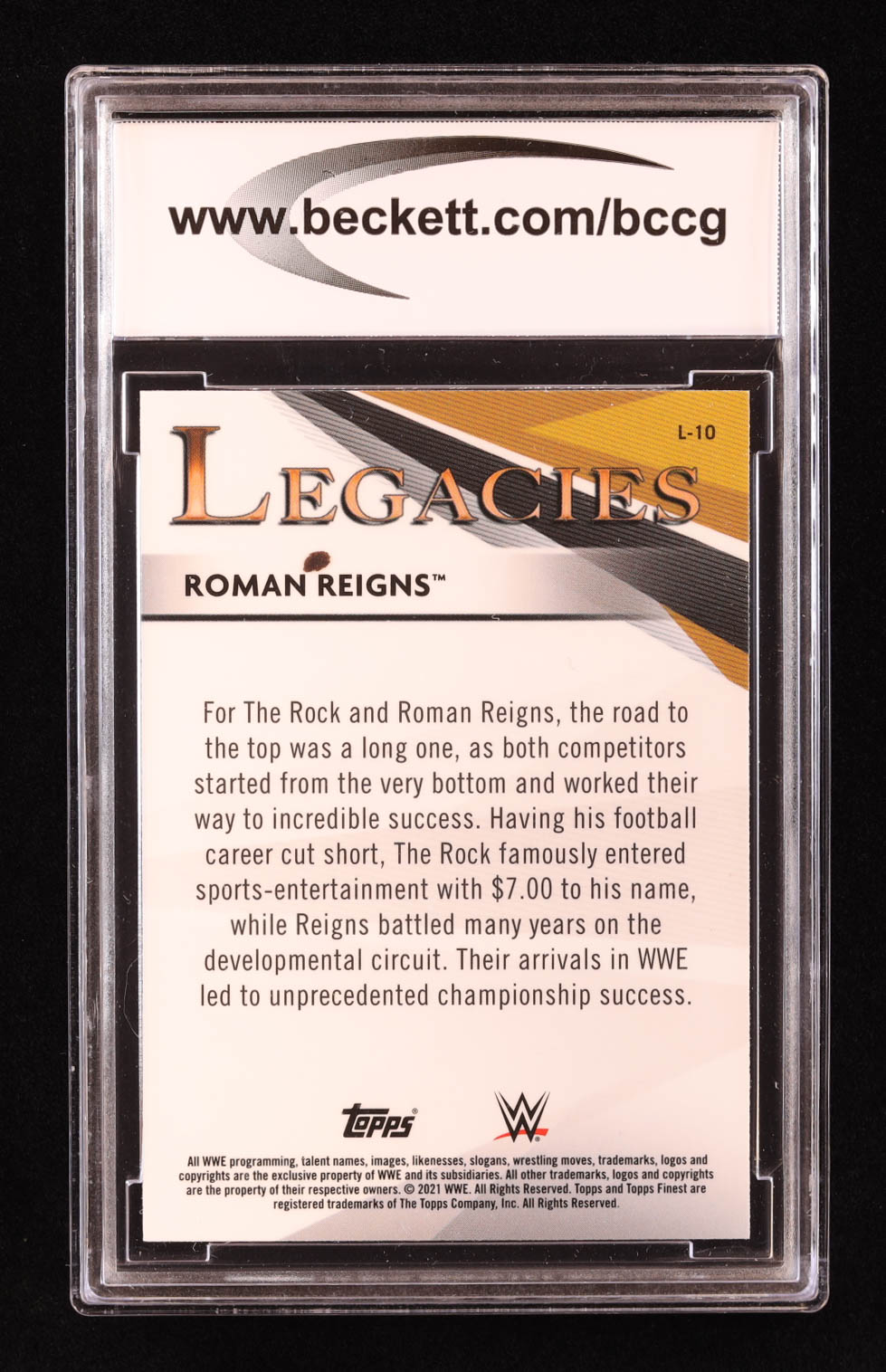 Roman Reigns 2021 Finest WWE Legacies The Rock #L10 (BCCG 10) at PristineAuction.com Roman Reigns 2021 Finest WWE Legacies The Rock #L10 (BCCG 10) at PristineAuction.com