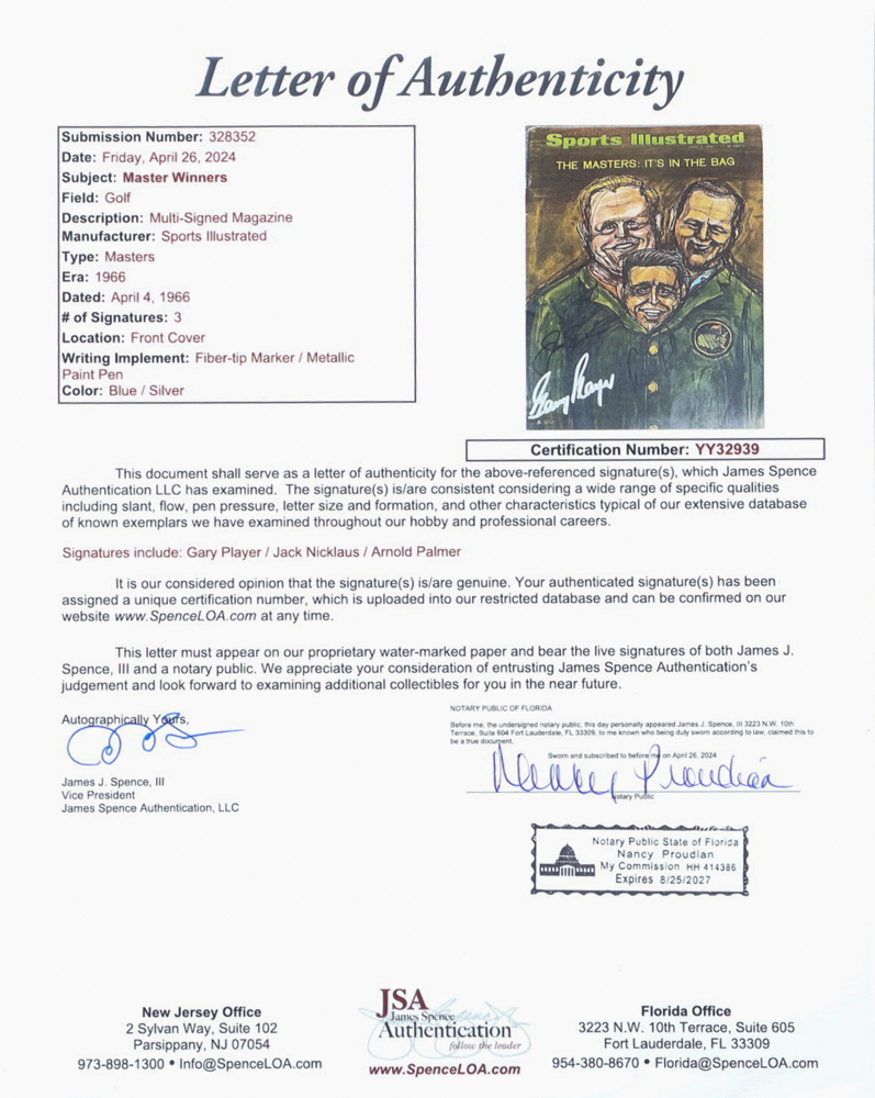 Gary Player, Jack Nicklaus & Arnold Palmer Signed 1966 "The Masters: It's In The Bag" Sports Illustrated Full Vintage Magazine (JSA) at PristineAuction.com Gary Player, Jack Nicklaus & Arnold Palmer Signed 1966 "The Masters: It's In The Bag" Sports Illustrated Full Vintage Magazine (JSA) at PristineAuction.com