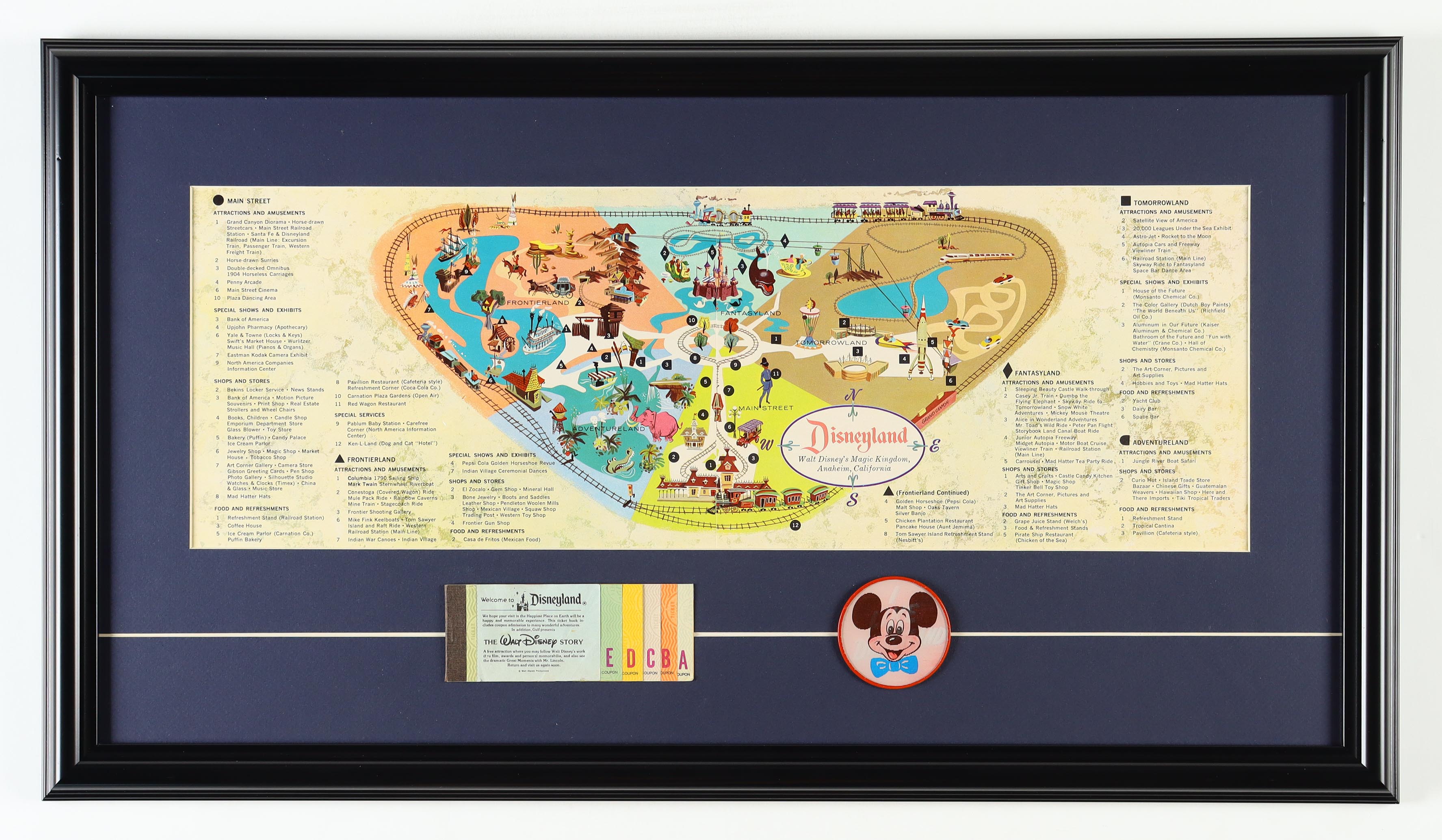 Disneyland Custom Framed On-Site Park Map with Vintage Ticket Book & Flicker Mickey Pin at PristineAuction.com Disneyland Custom Framed On-Site Park Map with Vintage Ticket Book & Flicker Mickey Pin at PristineAuction.com