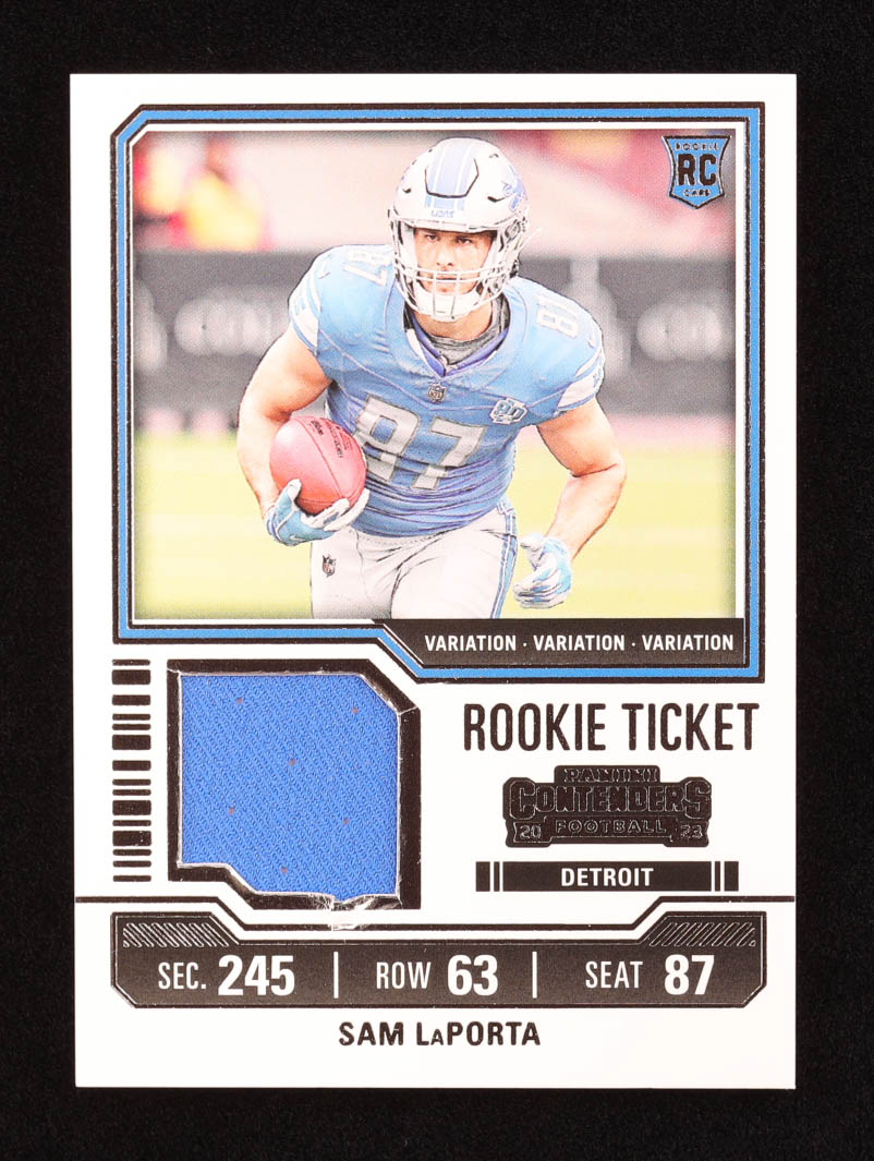 Sam LaPorta 2023 Panini Contenders Rookie Ticket Swatches Variation #TS30V RC at PristineAuction.com Sam LaPorta 2023 Panini Contenders Rookie Ticket Swatches Variation #TS30V RC at PristineAuction.com