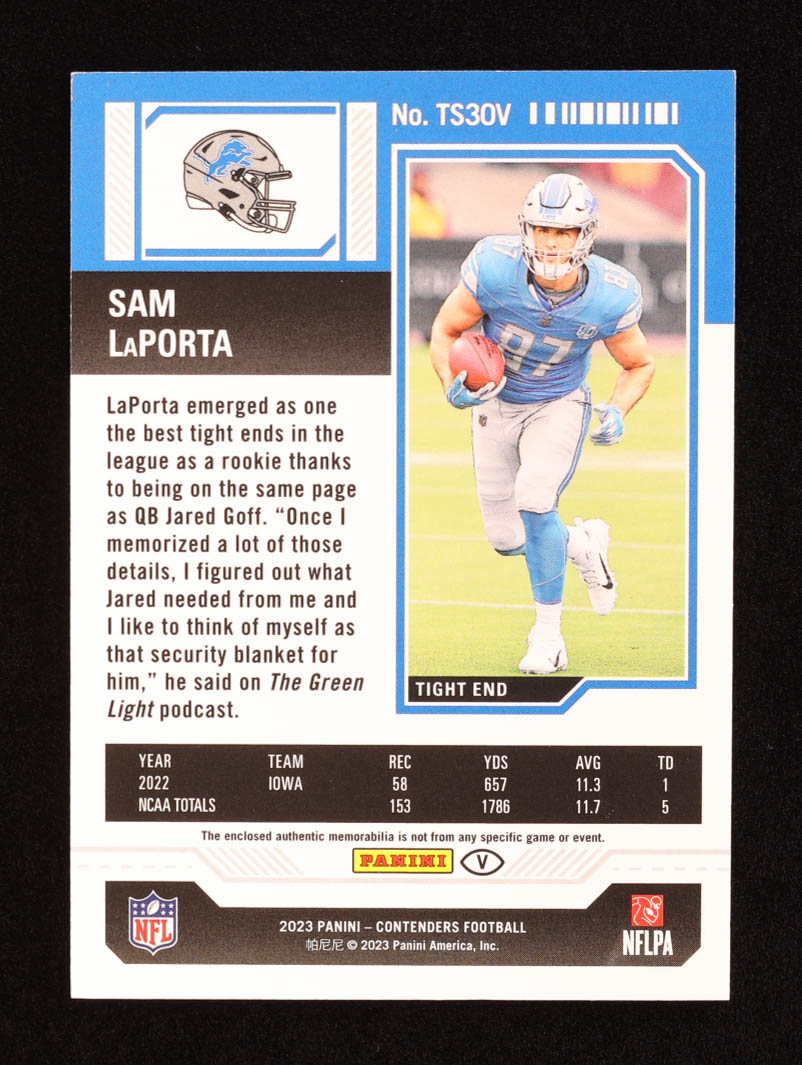 Sam LaPorta 2023 Panini Contenders Rookie Ticket Swatches Variation #TS30V RC at PristineAuction.com Sam LaPorta 2023 Panini Contenders Rookie Ticket Swatches Variation #TS30V RC at PristineAuction.com