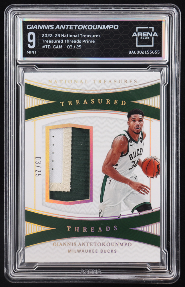 Giannis Antetokounmpo 2022-23 Panini National Treasures Treasured Threads Prime #TDGAM #03/25 (Arena 9) at PristineAuction.com Giannis Antetokounmpo 2022-23 Panini National Treasures Treasured Threads Prime #TDGAM #03/25 (Arena 9) at PristineAuction.com