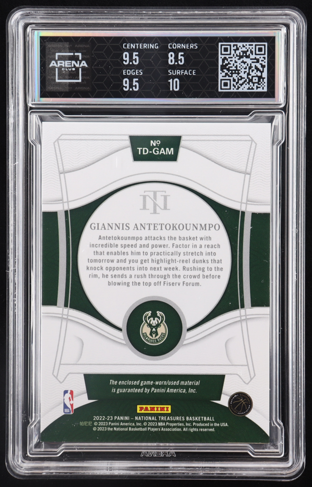Giannis Antetokounmpo 2022-23 Panini National Treasures Treasured Threads Prime #TDGAM #03/25 (Arena 9) at PristineAuction.com Giannis Antetokounmpo 2022-23 Panini National Treasures Treasured Threads Prime #TDGAM #03/25 (Arena 9) at PristineAuction.com