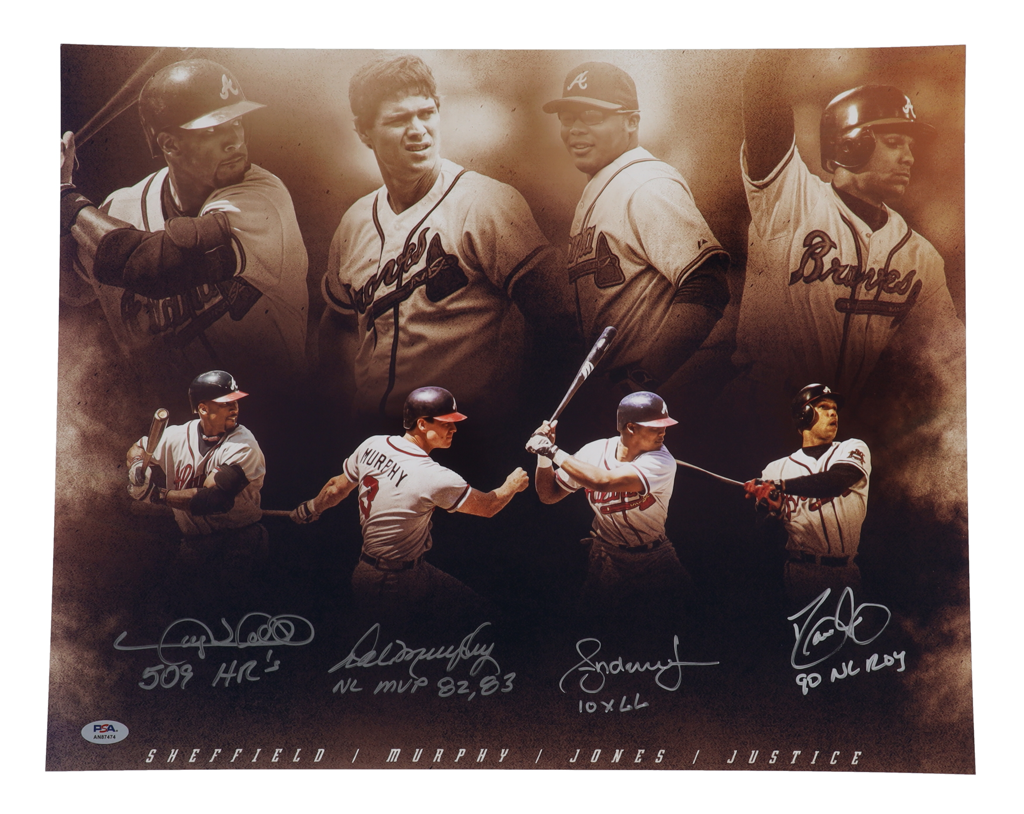 Dale Murphy, David Justice, Andrew Jones & Gary Sheffield Signed Braves 16x20 Photo With (4) Career Stat Inscriptions (PSA) at PristineAuction.com Dale Murphy, David Justice, Andrew Jones & Gary Sheffield Signed Braves 16x20 Photo With (4) Career Stat Inscriptions (PSA) at PristineAuction.com