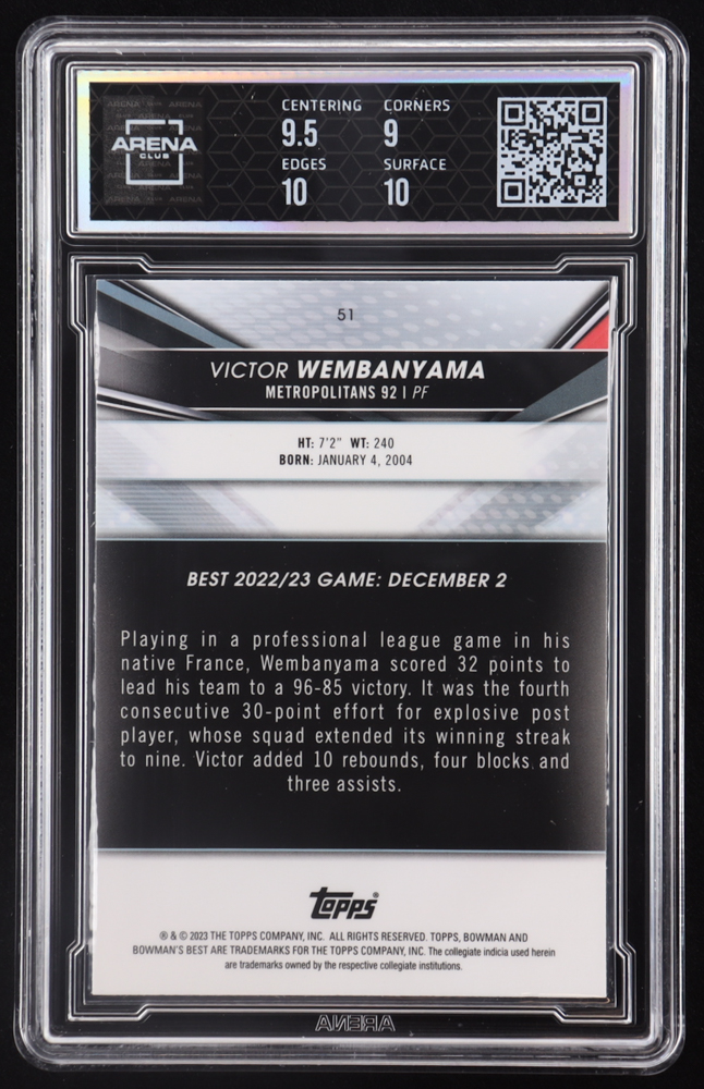 Victor Wembanyama 2022-23 Bowman's Best University #51 RC (Arena 9.5) at PristineAuction.com Victor Wembanyama 2022-23 Bowman's Best University #51 RC (Arena 9.5) at PristineAuction.com